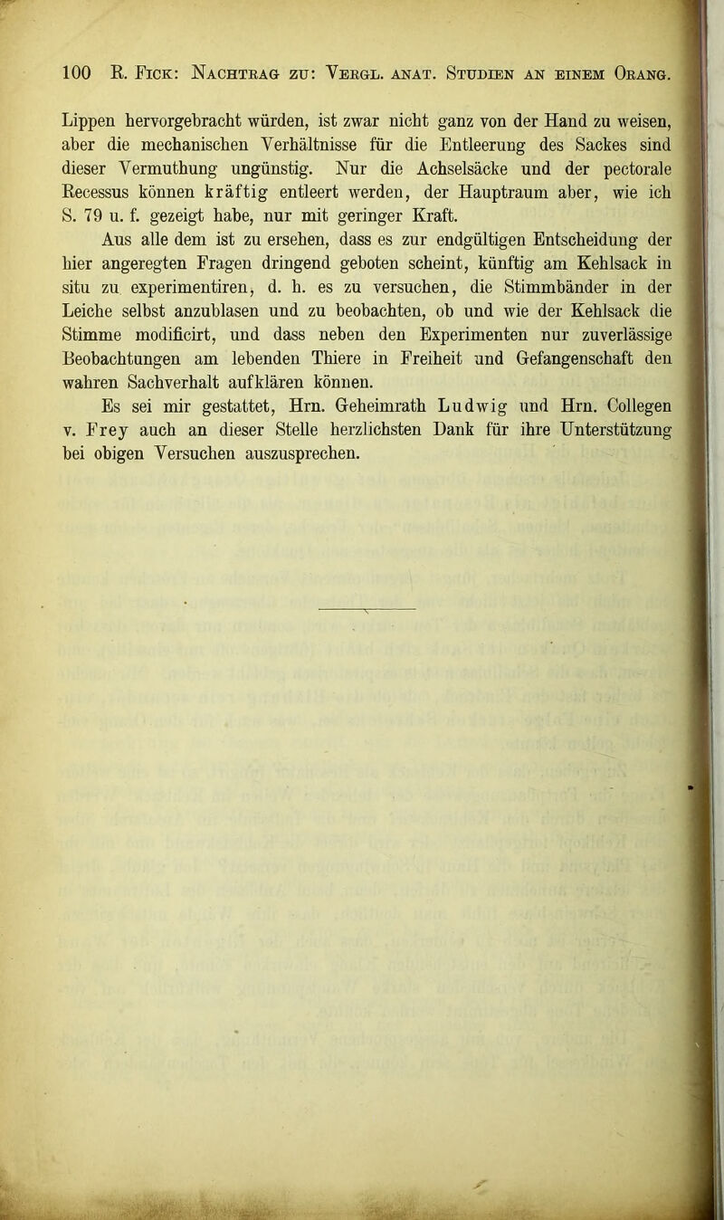 Lippen hervorgebracht würden, ist zwar nicht ganz von der Hand zu weisen, aber die mechanischen Verhältnisse für die Entleerung des Sackes sind dieser Vermuthung ungünstig. Nur die Achselsäcke und der pectorale Recessus können kräftig entleert werden, der Hauptraum aber, wie ich S. 79 u. f. gezeigt habe, nur mit geringer Kraft. Aus alle dem ist zu ersehen, dass es zur endgültigen Entscheidung der hier angeregten Fragen dringend geboten scheint, künftig am Kehlsack in situ zu experimentiren, d. h. es zu versuchen, die Stimmbänder in der Leiche selbst anzublasen und zu beobachten, ob und wie der Kehlsack die Stimme modificirt, und dass neben den Experimenten nur zuverlässige Beobachtungen am lebenden Thiere in Freiheit und Gefangenschaft den wahren Sachverhalt aufklären können. Es sei mir gestattet, Hrn. Geheimrath Ludwig und Hrn. Collegen V. Frey auch an dieser Stelle herzlichsten Dank für ihre Unterstützung hei obigen Versuchen auszusprechen.