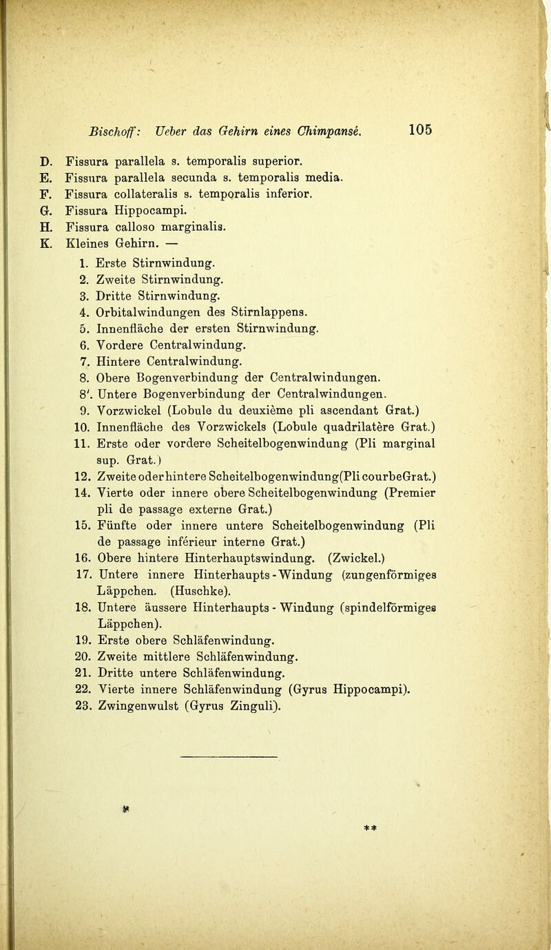 D. Fissura parallela s. temporalis superior. E. Fissura parallela secunda s. temporalis media. F. Fissura collateralis s. temporalis inferior. GL Fissura Hippocampi. H. Fissura calloso marginalis. K. Kleines Gehirn. — 1. Erste Stirnwindung. 2. Zweite Stirnwindung. 3. Dritte Stirnwindung. 4. Orbitalwindungen des Stirnlappens. 5. Innenfläche der ersten Stirnwindung. 6. Vordere Central Windung. 7. Hintere Centralwindung. 8. Obere Bogenverbindung der Centralwindungen. 8'. Untere Bogenverbindung der Centralwindungen. 9. Vorzwickel (Lobule du deuxieme pli ascendant Grat.) 10. Innenfläche des Vorzwickels (Lobule quadrilatere Grat.) 11. Erste oder vordere Scheitelbogenwindung (Pli marginal sup. Grat.) 12. Zweite oder hintere Scheitelbogenwindung(Pli courbeGrat.) 14. Vierte oder innere obere Scheitelbogenwindung (Premier pli de passage externe Grat.) 15. Fünfte oder innere untere Scheitelbogenwindung (Pli de passage inferieur interne Grat.) 16. Obere hintere Hinterhauptswindung. (Zwickel.) 17. Untere innere Hinterhaupts-Windung (zungenförmiges Läppchen. (Huschke). 18. Untere äussere Hinterhaupts - Windung (spindelförmiges Läppchen). 19. Erste obere Schläfenwindung. 20. Zweite mittlere Schläfenwindung. 21. Dritte untere Schläfenwindung. 22. Vierte innere Schläfenwindung (Gyrus Hippocampi). 23. Zwingenwulst (Gyrus Zinguli). ¥ **