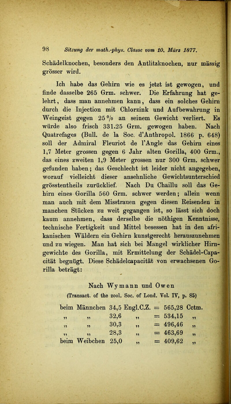 Schädelknochen, besonders den Antlitzknochen, nur massig grösser wird. Ich habe das Gehirn wie es jetzt ist gewogen, und finde dasselbe 265 Grm. schwer. Die Erfahrung hat ge- lehrt, dass man annehmen kann, dass ein solches Gehirn durch die Injection mit Chlorzink und Aufbewahrung in Weingeist gegen 25 ®/o an seinem Gewicht verliert. Es würde also frisch 331.25 Grm. gewogen haben. Nach Quatrefages (Bull, de la Soc. d’Anthropol. 1866 p. 648) soll der Admiral Fleuriot de l’Angle das Gehirn eines 1,7 Meter grossen gegen 6 Jahr alten Gorilla, 400 Grm., das eines zweiten 1,9 Meter grossen nur 300 Grm. schwer gefunden haben; das Geschlecht ist leider nicht angegeben, worauf vielleicht dieser ansehnliche Gewichtsunterschied grösstentheils zurücklief. Nach Du Chaillu soll das Ge- hirn eines Gorilla 560 Grm. schwer werden; allein wenn man auch mit dem Misstrauen gegen diesen Reisenden in manchen Stücken zu weit gegangen ist, so lässt sich doch kaum annehmen, dass derselbe die nöthigen Kenntnisse, technische Fertigkeit und Mittel besessen hat in den afri- kanischen Wäldern ein Gehirn kunstgerecht herauszunehmen und zu wiegen. Man hat sich bei Mangel wirklicher Hirn- gewichte des Gorilla, mit Ermittelung der Schädel-Capa- cität begnügt. Diese Schädelcapacität von erwachsenen Go- rilla beträgt: Nach Wymann und Owen (Transact. of the zool. Soc. of Lond. Vol. IV, p. 85) beim Männchen 34,5 EngkC.Z. = 565,28 Cctm. 32,6 „ = 534,15 11 >1 11 30,3 „ = 496,46 11 11 11 28,3 „ = 463,69 11 beim Weibchen 25,0 „ = 409,62