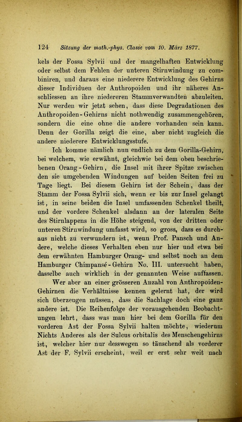 kels der Fossa Sylvii und der mangelhaften Entwicklung oder selbst dem Fehlen der unteren Stirnwindung zu com- biniren, und daraus eine niederere Entwicklung des Gehirns dieser Individuen der Anthropoiden und ihr näheres An- schliessen an ihre niedereren Stammverwandten ahzuleiten. Nur werden wir jetzt sehen, dass diese Degradationen des Anthropoiden-Gehirns nicht nothwendig zusammengehören, sondern die eine ohne die andere vorhanden sein kann. Denn der Gorilla zeigt die eine, aber nicht zugleich die andere niederere Entwicklungsstufe. Ich komme nämlich nun endlich zu dem Gorilla-Gehirn, hei welchem, wie erwähnt, gleichwie bei dem oben beschrie- benen Orang - Gehirn, die Insel mit ihrer Spitze zwischen den sie umgebenden Windungen auf beiden Seiten frei zu Tage liegt. Bei diesem Gehirn ist der Schein, dass der Stamm der Fossa Sylvii sich, wenn er bis zur Insel gelangt ist, in seine beiden die Insel umfassenden Schenkel theilt, und der vordere Schenkel alsdann an der lateralen Seite des Stirnlappens in die Höhe steigend, von der dritten oder unteren Stirnwindung umfasst wird, so gross, dass es durch- aus nicht zu verwundern ist, wenn Prof. Pansch und An- dere, welche dieses Verhalten eben nur hier und etwa bei dem erwähnten Hamburger Orang- und selbst noch an dem Hamburger Chimpanse - Gehirn No. III. untersucht haben, dasselbe auch wirklich in der genannten Weise auffassen. Wer aber an einer grösseren Anzahl von Anthropoiden- Gehirnen die Verhältnisse kennen gelernt hat, der wird sich überzeugen müssen, dass die Sachlage doch eine ganz andere ist. Die Reihenfolge der vorausgehenden Beobacht- ungen lehrt, dass was mau hier bei dem Gorilla für den vorderen Ast der Fossa Sylvii halten möchte, wiederum Nichts Anderes als der Sulcus orbitalis des Menschengehirns ist, welcher hier nur desswegen so täuschend als vorderer Ast der F. Sylvii erscheint, weil er erst sehr weit nach