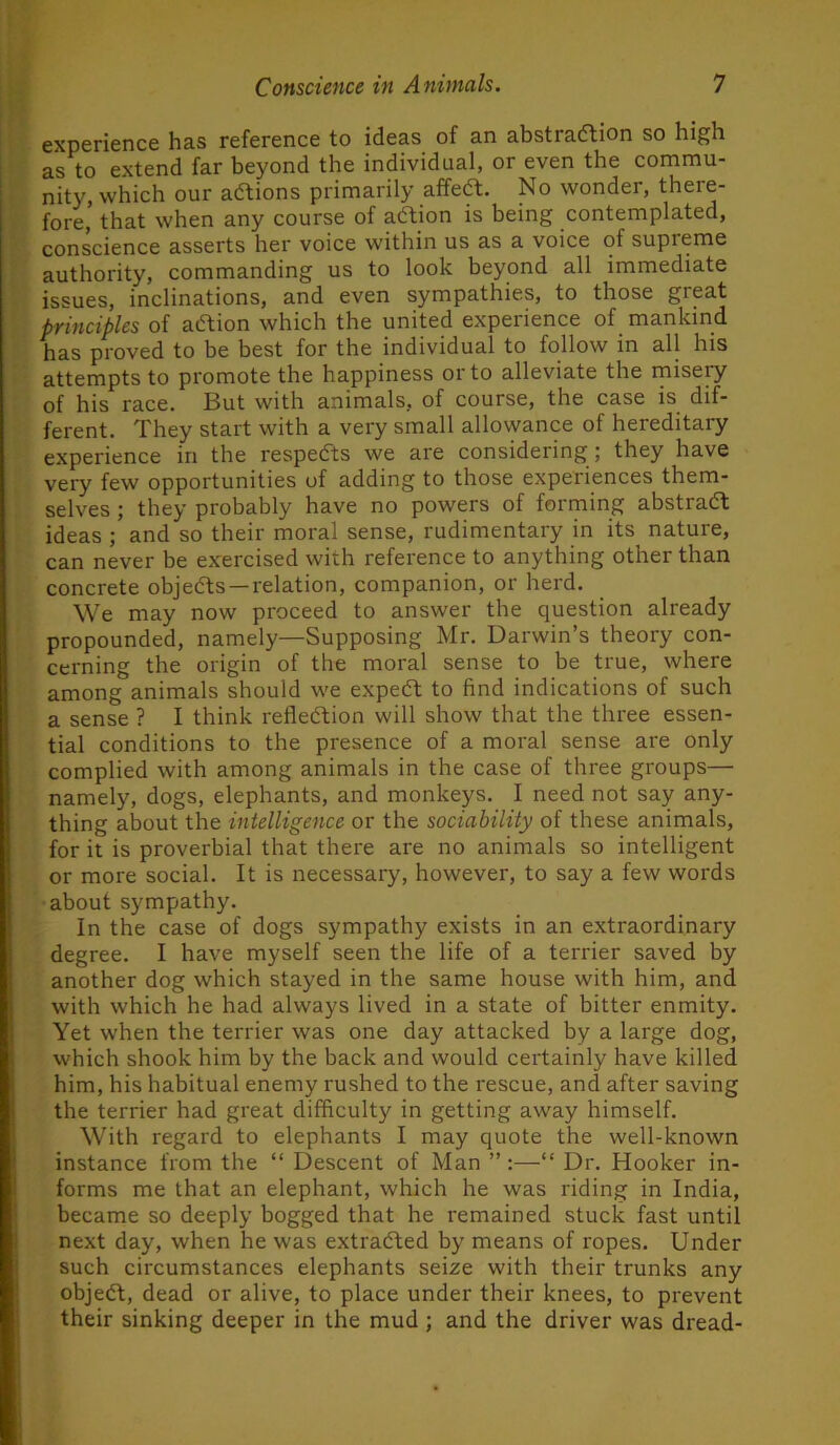 experience has reference to ideas of an abstradtion so high as to extend far beyond the individual, or even the commu- nity, which our adlions primarily affea. No wonder, there- fore, that when any course of aftion is being contemplated, conscience asserts her voice within us as a voice of supreme authority, commanding us to look beyond all immediate issues, inclinations, and even sympathies, to those great principles of aflion which the united experience of mankind has proved to be best for the individual to follow in all his attempts to promote the happiness or to alleviate the misery of his race. But with animals, of course, the case is dif- ferent. They start with a very small allowance of hereditary experience in the respecfts we are considering; they have very few opportunities of adding to those experiences them- selves ; they probably have no powers of forming abstradl ideas ; and so their moral sense, rudimentary in its nature, can never be exercised with reference to anything other than concrete objefts —relation, companion, or herd. We may now proceed to answer the question already propounded, namely—Supposing Mr. Darwin’s theory con- cerning the origin of the moral sense to be true, where among animals should we expeft to find indications of such a sense ? I think refledtion will show that the three essen- tial conditions to the presence of a moral sense are only complied with among animals in the case of three groups— namely, dogs, elephants, and monkeys. I need not say any- thing about the intelligence or the sociability of these animals, for it is proverbial that there are no animals so intelligent or more social. It is necessary, however, to say a few words about sympathy. In the case of dogs sympathy exists in an extraordinary degree. I have myself seen the life of a terrier saved by another dog which stayed in the same house with him, and with which he had always lived in a state of bitter enmity. Yet when the terrier was one day attacked by a large dog, which shook him by the back and would certainly have killed him, his habitual enemy rushed to the rescue, and after saving the terrier had great difficulty in getting away himself. With regard to elephants I may quote the well-known instance from the “ Descent of Man ”:—“ Dr. Hooker in- forms me that an elephant, which he was riding in India, became so deeply bogged that he remained stuck fast until next day, when he was extracted by means of ropes. Under such circumstances elephants seize with their trunks any obje(5t, dead or alive, to place under their knees, to prevent their sinking deeper in the mud ; and the driver was dread-