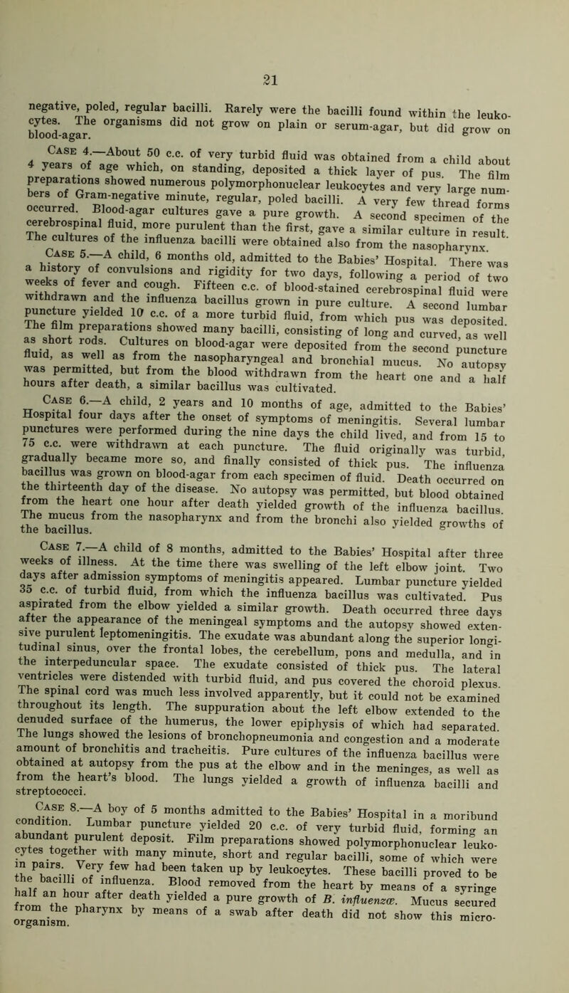 negative, poled, regular bacilli. Rarely were the bacilli found within the leuko- Wood-agar °rgaDiSm9 did not grOW on Plain or serum-agar, but did grow on 4 4,~Aboub 5P cc- of very turbid fluid was obtained from a child about 4 years of age which, on standing, deposited a thick layer of pus The film LTfr showed numerous polymorphonuclear leukocytes and very large num- bers of Gram-negative minute, regular, poled bacilli. A very few thread forms occurred. Blood-agar cultures gave a pure growth. A second specimen of the cerebrospma1 fluid, more purulent than the first, gave a similar cuRure in resuR The cultures of the influenza bacilli were obtained also from the nasopharynx Case; 5.—A child, 6 months old, admitted to the Babies’ Hospital. There was a history of convulsions and rigidity for two days, following a period of two weeks of fever and cough. Fifteen c.c. of blood-stained cerebrospinal fluid were withdrawn and the influenza bacillus grown in pure cuRure. A second lumbar puncture yielded 10 c.c of a more turbid fluid, from which pus was deposited The film preparations showed many bacilli, consisting of long and curved as well -if; Cultures °n blood-agar were deposited from the second puncture fluid, as well as from the nasopharyngeal and bronchial mucus. No autopsy was permitted, but from the blood withdrawn from the heart one and 3 hours after death, a similar bacillus was cultivated. Case 6.-A child, 2 years and 10 months of age, admitted to the Babies’ Hospital four days after the onset of symptoms of meningitis. Several lumbar punctures were performed during the nine days the child lived, and from 15 to 75 c.c. were withdrawn at each puncture. The fluid originally was turbid, gradually became more so, and finally consisted of thick pus. The influenza bacillus was grown on blood-agar from each specimen of fluid. Death occurred o^i the thirteenth day of the disease. No autopsy was permitted, but blood obtained from the heart one hour after death yielded growth of the influenza bacillus The mucus from the nasopharynx and from the bronchi also yielded Growths of the bacillus. 6 Case 7 —A child of 8 months, admitted to the Babies’ Hospital after three weeks of illness. At the time there was swelling of the left elbow joint. Two days after admission symptoms of meningitis appeared. Lumbar puncture yielded 3° ,cc- of turbid fluid, from which the influenza bacillus was cultivated. Pus aspirated from the elbow yielded a similar growth. Death occurred three days after the appearance of the meningeal symptoms and the autopsv showed exten- sive purulent leptomeningitis. The exudate was abundant along the superior longi- tudinal sinus, over the frontal lobes, the cerebellum, pons and medulla, and In the interpeduncular space. The exudate consisted of thick pus. The lateral ventricles were distended with turbid fluid, and pus covered the choroid plexus. The spinal cord was much less involved apparently, but it could not be examined throughout its length. The suppuration about the left elbow extended to the denuded surface of the humerus, the lower epiphysis of which had separated. The lungs showed the lesions of bronchopneumonia and congestion and a moderate amount of bronchitis and tracheitis. Pure cultures of the influenza bacillus were obtained at autopsy from the pus at the elbow and in the meninges, as well as from the heart’s blood. The lungs yielded a growth of influenza bacilli and streptococci. finn^fE 8'~7A buY °f 5 m°DthS admitted t0 the Babies’ Hospital in a moribund condition. Lumbar puncture yielded 20 c.c. of very turbid fluid, forming an abundant purulent deposit. Film preparations showed polymorphonuclear leuko- n nSairsg V6r 7 TTl minUte’ Sh°rt and regular bacil,i> some of which were LPhl7nrVTy 'r d leD taken Up by leuko°ytes. These bacilli proved to be habrh °f 1^flUei1Za;v B 00d removed from the heart by means of a syringe from th^h t yi6lded a PUre gr°Wth °f B■ influenz<*- Mucus secured rom the pharynx by means of a swab after death did not show this micro- organism.