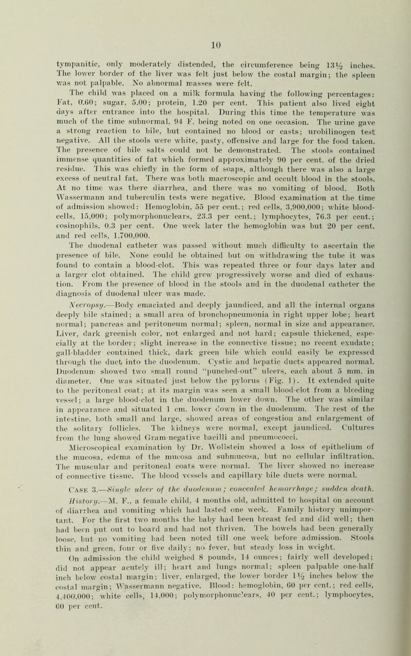 tymiianitic, only moderately distended, the cireuinference being 13% inches. The lower border of the liver was felt just below the costal margin; the spleen was not palpable. Xo abnormal masses were felt. The child was j)laeed on a milk formula having the following percentages: Fat, ff.OO; sugar, 5.00; protein, 1.20 iier cent. This patient also lived eight days after entrance into the hospital. During this time the temperature was much of the time subnormal. 94 F. being noted on one occasion. The urine gave a strong reaction to bile, but contained no blood or casts; urobilinogen test negative. All the stools were white, pasty, oli'ensive and large for the food taken. The presence of bile salts could not be demonstrated. The stools contained immense quantities of fat which formed approximately 90 per cent, of the dried residue. This was chiefly in the form of soaps, although there was also a large excess of neutral fat. There was both macroscopic and occult blood in the stools. At no time was there diarrhea, and there was no vomiting of blood. Both Wassermann and tuberculin tests were negative. Blood examination at the time of admission showed: Hemoglobin, 55 per cent.; red cells, 3,900,000; white blood- cells, 15,000; polymorpbonuclears, 23.3 per cent.; lymphocytes, 70.3 per cent.; eosino])hils. 0.3 per cent. One week later the hemoglobin was but 20 per cent, and red cells, 1.700,000. The duodenal catheter was j)assed without much dilbculty to ascertain the presence of bile. None could be obtained but on withdrawing the tube it was found to contain a blood-clot. This was repeated three or four days later and a larger clot obtained. The child grew ])rogressively worse and died of exhaus- tion. From the presence of blood in the stools and in the duodenal catheter the diagnosis of duodenal ulcer was made. Necropsy.—Body emaciated and deeply jaundiced, and all the internal organs deeply bile stained; a small area of bronchoi)neumonia in right upper lohe; heart normal; pancreas and peritoneum normal; spleen, normal in size and appearance. Liver, dark greenish color, 7iot enlarged and not hard; capsule thickened, espe- cially at the border; slight increase in the connective tissue; no recent exudate; gall-bladder contained thick, dark green Idle which could easily be ex]>ressfd tbrough tbe duct into tbe duodenum. Cystic and hei)atic duets a]>peared normal. Duodenum showed two small round “i)unched-out” ulcers, each about 5 mm. in diameter. One was situated just below the pylorus (Fig. 1). It extended quite to the peritoneal coat; at its margin was seen a small blood-clot from a bleeding vessel; a large blood-clot in the duodenum lower down. The other was similar in ap])eaiance and situated 1 cm. lower down in the duodenum. The rest of the . intestine, both small and large, showed areas of congestion and enlargement of j the solitary follicles. The kidneys were normal, except jaundiced. Cultures ' from the lung showed Gram-negative bacilli and ])neum<icocci. ^Microscopical examination by Dr. tVollstein showed a loss of epithelium of the mucosa, edema of the mucosa ami suhmucosa, but no cellular infiltration. The muscular and peritoneal coats were normal. The liver showed no increase of connective tissue. The blood vessels and capillary bile ducts were normal. Ca.se 3.—nicer of the duodenum; concealed hemorrhaf/e; sudden death. , Hist on).—(M. F., a female child, 4 months old, admitted to bosi)ital on account of diarrhea and vomiting which had lasted one week. Family history unimpor- tant. For the fii'st two months the baby had been breast fed and did well; then had been juit out to board and had not thriven. The bowels had been generally ; loose, but no vomiting had been noted till one week before admission. Stools thin and green, four or five daily; no fever, but steady loss in weight. On admission the child weighed S i)ounds, 14 ounces; fairly well develojied; did not appear acutely ill; heart and lungs normal; sjjleen palpable one-half inch below costal margin; liver, enlarged, the lower border 1% inches below the costal margin; M'assermann negative. Blood: hemoglobin, 00 per cent.; red cells, ' 4.40(i'.00(); white cells, 14,000; polymor])honuc'ears, 40 per cent.; lymphocytes, 00 jier cent. i