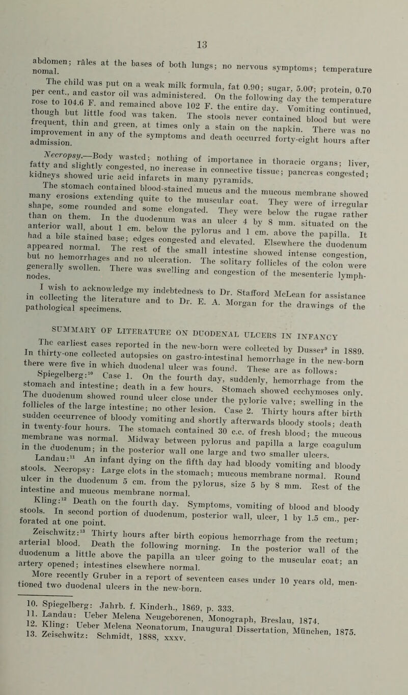 aMomen; at the base, ot both lungs; no nervous sj^pto.ns; temperature The child was put on a weak milk formula, fat 0.90- siK^ar 'i nrr. -n pel cent., and castor oil was administered. On the followin'^ d\v tl/e f rose to 104.6 F. and remained above 102 F the entire ,hv St, though but little food was taken Ti.a cim 7  ^ continued, frequent, thin and green, at ‘times 001^ a I^nTthr'imZn. 'xiite'S'' atoiLTor”^ and death occurred forty-eight hours‘afto fattfannS'^/?”''^' 'f f’ iniportance in thoracic organs- liver m.„7o,tr’oSirn? ;r‘“-.rtr ::mr;:Xm”''rth?t,.r'„::-‘t s n; rr but „o hontorrhagos and 7 j'or7r^rh .enora,,. srvo.lsn. There was s,veiling nnd eonViSir^': ™ in 7eSlng S'tt ‘V Mof r *7“, pathological specimens. °f the SUMMAPY OF LITERATURE 01^ DUODENAL ULCERS IN INF tNCY The earliest cases reported in the new-born were collected by Dusser» in 1880 In thirty-one collected autopsies on gastro-intestinal hemorrhage in The iieT born there weie five in which duodenal ulcer was found. These are as follows- stomSfanS^r suddenly, hemorrhage from the stomach and intestine; death in a few hours. Stomach showed ecch^moses onl7 fo lict fT, P7oric valve; sweZ. in the fol icles of the large intestine; no other lesion. Case 2. Thirtv hours aJter bir h suaden occurrence of bloody vomiting and shortly afterwards bloody stools- death in twentj'-four hours. The stomach contained 30 c c of fresh blood- iRo ’ Lv„d:^'”T‘ «” 'Sd and .l .maller uferrs ' stool^ nT T vomiting and bloody Tlcm in tbe f^'1 stomach; mucous membrane normal. Round ilV 1 the pylorus, size 5 by 8 mm. Rest of the intestine and mucous membrane normal. Death on the fourth day. Symptoms, vomiting of blood and bloodv (.r.l,d .i”orplr‘“ ■ '■J pan n,tfr77od“ In from the roctum; dToden .nr T-in T ^he posterior wall of the uodenum a little above the papilla an ulcer going to the muscular coat- an artery opened; intestines elsewhere normal. ’ More recently Gruber in a report of seventeen eases under 10 years old men tioned two duodenal ulcers in the new-born. ^ ’ 10. Spiegelberg: Jahrb. f. Kinderh., 1869, p. 333. 12‘ KrTZ Monograph, Breslau, 1874. 13.' Zeischwitz: SchmMt, 188? xxxT’ Dt---tation, Miinchen, 1875.