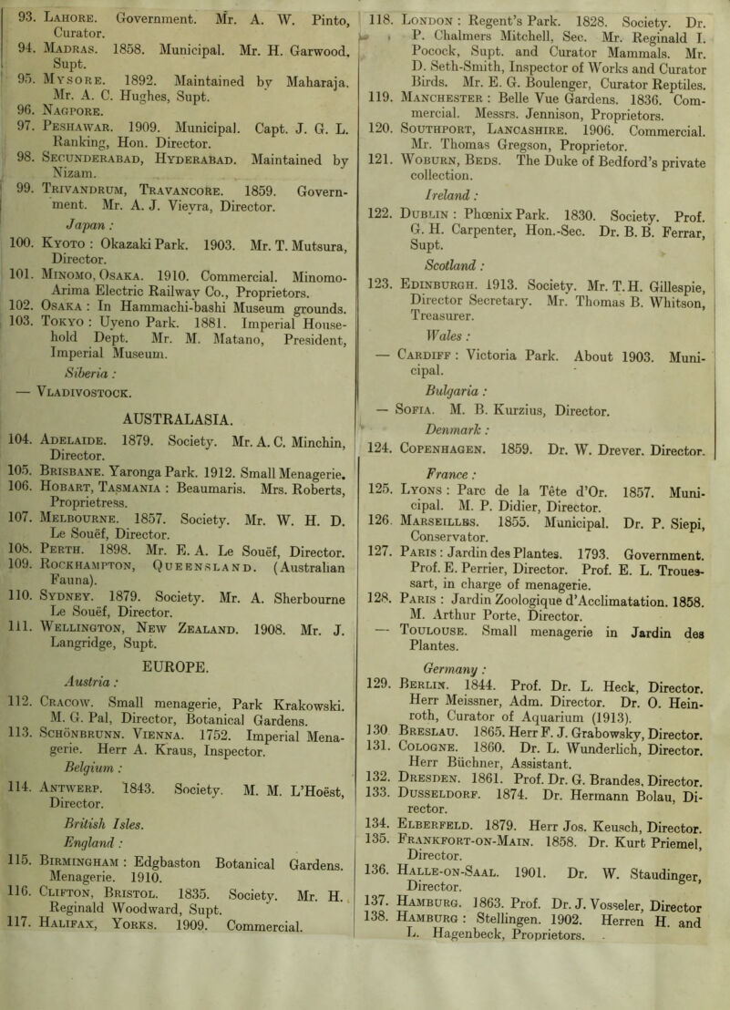 93. Lahore. Government. Mr. A. W. Pinto, Curator. 94. Madras. 1858. Municipal. Mr. H. Garwood, Supt. 95. Mysore. 1892. Maintained by Maharaja. Mr. A. C. Hughes, Supt. 96. Nagpore. 97. Peshawar. 1909. Municipal. Capt. J. G. L. Ranking, Hon. Director. 98. Secunderabad, Hyderabad. Maintained by Nizam. 99. Trivandrum, Travancore. 1859. Govern- ment. Mr. A. J. Vieyra, Director. Japan : 100. Kyoto : Okazaki Park. 1903. Mr. T. Mutsura, Director. 101. Minomo, Osaka. 1910. Commercial. Minomo- Arima Electric Railwav Co., Proprietors. 102. Osaka : In Hammachi-bashi Museum grounds. 103. Tokyo : Uyeno Park. 1881. Imperial House- hold Dept. Mr. M. Matano, President, Imperial Museum. Siberia: — Vladivostock. AUSTRALASIA. 104. Adelaide. 1879. Society. Mr. A. C. Minchin, Director. 105. Brisbane. Yaronga Park. 1912. Small Menagerie. 106. Hobart, Tasmania : Beaumaris. Mrs. Roberts, Proprietress. 107. Melbourne. 1857. Society. Mr. W. H. D. Le Souef, Director. 108. Perth. 1898. Mr. E. A. Le Souef, Director. 109. Rockhampton, Queensland. (Australian Fauna). 110. Sydney. 1879. Society. Mr. A. Sherbourne Le Souef, Director. 111. Wellington, New Zealand. 1908. Mr. J. Langridge, Supt. EUROPE. Austria: 112. Cracow. Small menagerie, Park Krakowski. M. G. Pal, Director, Botanical Gardens. 113. ScHONBRUNN. ViENNA. 1752. Imperial Mena- gerie. Herr A. Kraus, Inspector. Belgium: 114. Antwerp. 1843. Society. M. M. L’Hoest, Director. British Isles. England: 115. Birmingham : Edgbaston Botanical Gardens. Menagerie. 1910. 116. Clifton, Bristol. 1835. Society. Mr. H.. Reginald Woodward, Supt. 117. Halifax, Yorks. 1909. Commercial. 118. London: Regent’s Park. 1828. Society. Dr. u- . P. Chalmers Mitchell, Sec. Mr. Reginald I. Pocock, Supt. and Curator Mammals. Mr. D. Seth-Smith, Inspector of Works and Curator Birds. Mr. E. G. Boulenger, Curator Reptiles. 119. Manchester : Belle Vue Gardens. 1836. Com- mercial. Messrs. Jennison, Proprietors. 120. Southport, Lancashire. 1906. Commercial. Mr. Thomas Gregson, Proprietor. 121. Woburn, Beds. The Duke of Bedford’s private collection. Ireland: 122. Dublin : Phoenix Park. 1830. Society. Prof. G. H. Carpenter, Hon.-Sec. Dr. B. B. Ferrar. Supt. Scotland: 123. Edinburgh. 1913. Society. Mr. T.H. Gillespie, Director Secretary. Mr. Thomas B. Whitson’ Treasurer. TFafes: — Cardiff : Victoria Park. About 1903. Muni- cipal. Bulgaria: — Sofia. M. B. Kurzius, Director. Denmark: 124. Copenhagen. 1859. Dr. W. Drever. Director. France: 125. Lyons : Parc de la Tete d’Or. 1857. Muni- cipal. M. P. Didier, Director. 126. Marseilles. 1855. Municipal. Dr. P. Siepi, Conservator. 127. Paris : Jardin des Plantes. 179.3. Government. Prof. E. Perrier, Director. Prof. E. L. Trouea- sart, in charge of menagerie. 128. Paris: Jardin Zoologique d’Acclimatation. 1858. M. Arthur Porte, Director. — Toulouse. Small menagerie in Jardin des Plantes. Germany: 129. Berlin. 1844. Prof. Dr. L. Heck, Director. Herr Meissner, Adm. Director. Dr. 0. Hein- roth. Curator of Aquarium (1913). 130 Breslau. 1865. Herr F. J. Grabowsky, Director. 131. Cologne. 1860. Dr. L. Wunderlich, Director. Herr Buchner, Assistant. 132. Dresden. 1861. Prof. Dr. G. Brandes, Director. 133. Dusseldorf. 1874. Dr. Hermann Bolau, Di- rector. 134. Elberfeld. 1879. Herr Jos. Keuach, Director. 135. Frankfort-on-Main. 1858. Dr. Kurt Priemel, Director. 136. Halle-on-Saal. 1901. Dr. W. Staudineer Director. ’ 137. Hamburg. 1863. Prof. Dr. J. Vosseler, Director 138. Hamburg : Stellingen. 1902. Herren H. and