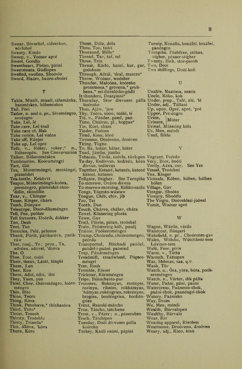 Swear, Soverhol, sulverkon, sovlohol Sweaty, Ki'ndo Sweep, v., Yooser aprb Sweet, Goodlo Sweetheart, Pfrino, pirini Sweetmeats, Gtidlopen Swelled, swollen, Shoovlo Sword, Hauro, batiro-choori Table, Misdli, mi'sali, salamanka, haumbskro, hobenbskro Tail, Pori Tailor, n. and n. pr., Sivomengro, suvbngro Take, Lei, 16 Take care. Lei trad Take care ot, Rak Take notice, Lei vabna Take off, Ranjer Take up, Lei oprb Talk, v.t Roker, voker;4 n., Rbkeropen. See Conversation Talker, Rokerombskro Tambourine, Koorombngri Tart, G61 Tea, Muterimongri, mootbngri, pfambskri Tea-kettle, Kekdvvi Teapot, Muterimbngri-kobva, peembngro, pi'ambskri-skoo- ‘ddlin, skoodilin Tear, v., Chingar Tease, Ki'nger, chdra Teeth, Ddnyaw Telescope, Door-dikomengro Tell, Pen, pobker Tell fortunes, Doorik, dtikker Ten, Desh Tent, Tan Testicles, Pelb, pelonos Thank, Pdrik, parikarbva, parik- rdw That, conj., Te; pron., Ta, adobva, aduvel, ’dobva The, O Thee, Toot, tooti Their, theirs, Lbnti, lbnghi Them, Len Then, Kon There, Adoi, odoi, ’doi They, Yaun, yon Thief, Chor, chbrombngro, lobro- mbngro Thin, Bito Thine, Tebro Thing, K6va Think, Penchava,* thinkasbva Third, Trito* Thrist, Troosh Thirsty, Trobshlo Thirty, Trianda* This, Attbva, ’kova Thorn, K6ro Those, Dtila, dola Thou, Too, tooti Thousand, Mille* Thread, Tav, taf, tel Three, Trin Throat, Karlo, kaiiri, kur, gur, gooshum Through, AdrdI, ’dral, muscro* Throw, Wooser, woosher Thunder, Maloona, kooroko grommena,* grovena,* grub- bena,* mi-duvelesko-godli It thunders, Dearginni* Thursday, Stor divvuses pdlla kooroko Thus, Ajaw, ’jaw Thy, Teero, tooti, tooki, ti Tie, v., Pander, pand, pan Time, Chdirus, pi., koppas* Tin, Kuri, cham Tinder, Pootan Tired, Kino, kinb Tiresome, Drooveno, drooven Tiring, Tugno To, Ke, katar, katar, kdter Toad, Jamba, jombo Tobacco, Tiivlo, toovlo, tuvlopen To-day, Kedivvus, kedivbz, kbva divvus, tedivvus Together, Ketanb, ketanbs, katenb kateni, katenes Tollgate, Stigher. See Turnpike To-morrow, Ovdvo divvus To-morrow morning, K61iko>saula Tongs, Yogesto-wdstaw Tongue, Chib, chiv, jib Too, Tei Tooth, Dan Touch, Charvo, chdlav, chdra Towel, Kossering plo*ta Town, Gav Trail, Patrin, paten, trobshel Train, Prastsring-kbli, poodj Traitor, Pookeromengro Tramp, Choorodo, chooromengro, pebrdo Transported, Bitchadi paudel, paudel-i-padni, paunied Trap, Pandombngro Treadmill, treadwheel, Pbgero- mbngri Tree, Rook Tremble, Risser Trickster, Korombngro Tripe, Bokochesto-pur Trousers, Rokonyus, ro*tnyes, roA’inya, riknies, rokharayas, ’hamyas,rokengries, rokrbnyes, brogies, boolbngries, boolibn- gries Trout, Reieski-matcho True, Tdtcho, tdtcheno Trust, v., Pdzer ; n., pdzeroben Truth, Tdtchipen Tuesday, Doo'i divvuses pdlla kooroko Turkey, Katili rauni, papini Turnip, Konafia, kondfni, kradfni, panengro Turnpike, Poshfree, stekas, stigher, pesser-stigher Twenty, Bish, stor-pansh Two, Dooi Two shillings, Dobl-koli U Unable, Nastissa, nestis Uncle, Koko, kok Under, prep., Talb, alb, ’lb Under, adj., Tdllani Up, upon, Oprb, aprb, ’prb Upper, Prb-engro SS5.. Urinal, Mutering kbla Us, Men, mbndi Used, Siklo Vagrant, Pebrdo Very, Boot, booti Verily, Adva, our. See Yes Vessel, Trobshni Vex, Kinger Victuals, Kbben, hbben, hblben hblen Village, Gav Vinegar, Shobto Vinegry, Shobtlo The Virgin, Dooveklesi-jobvel Vomit, Wobser aprb W Wagon, Wdrdo, vardo Waistcoat, Bangeri Wakefield, n. pr., Choorones-gav Wales, Wblsho, Wbtchkeni-tem Ldvines-tem Walk, Peer, piriv Warm, v., Tatto Warmth, Tdttopen Was, Shomas, sas, q.v. Wash, Tov ^ Watch, n., Ora, ybra, hbra, pobk- erombngro Watch, v., Vdrter, dik pdlla Water, Padni, pdni, pauni Watercress, Paanesto-shok, padni-shok, paanbngri-shok Watery, Padnisko Way, Drom We, Men, mbndi Wealth, Bdrvalopen Wealthy, Bdrvalo Wear, Riv Wearing apparel, Rivoben Wearisome, Drobveno, drobven Weary, adj,, Kino, kind