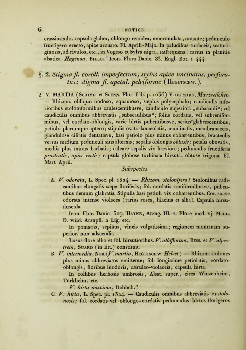 crassiusculo, capsula glabra, oblongo-ovoidea, mucronulata, nutante; pedunculo fructigero erecto, apice arcuato. Fl. Aprili-Majo. In paludibus turfaceis, scaturi- ginosis, ad rivulos, etc., in Vogeso et Sylva nigra, satfrequens ! rarius in planitie alsatica. Hagenoa, Billot! Icon. Flora Danic. 83. Engl. Bot. t. 444* §. 2. Stigma fl, coroll. imperfectum ; Stylus apice uncinatus, perfora- nts; stigma fl. apetal. pelviforme ( Hegetschw. ). 2. V. MARTIA (Schimp. et Spenn. Flor. frib. p. io36) V. de sit^R&^Mœrzveilchen. — Rhizom. obliquo nodoso, squamoso, sæpius polycephalo; caudiculis infe- rioribus stoloniformibus caulescentibusve, caudiculo superiori «subacauli»; vel caudiculis omnibus abbreviatis «subacaulibus»; foliis cordatis, vel subrenifor- mibus, vel cordato-oblongis, varie hirtis pubentibusve, seriusrglabrescentibus ; petiolo plerumque aptero; stipulis ovato-lanceolatis, acuminatis, membranaceis, glandulose ciliatis dentatisve, basi petiolo plus minus cohærentibus ; bracteolis versus medium pedunculi sitis alternis • sepalis oblongis oblusis ; petalis obovatis, mediis plus minus barbatis; calcare sepalis vix breviore; pedunculis fructiferis prostralis, apice redis; capsula globose turbinata hirsuta, obtuse trigona. Fl. Mart. April. Subspecies. A. V. odorata, L. Spec. pl. i324- — Rhizom. stolonifero ! Stolonibus radi- cantibus elongatis sæpe floriferis; fol. cordatis reniformibusve, puben- tibus demum glabratis. Stipulis basi petioli vix cohærentibus. Cor. suave odorata intense violacea (rarius rosea, lilacina et alba). Capsula hirsu- tiuscula. Icon. Flor. Danic. 3og. Hayne, Arzng. III. 2. Flore med. vj. Mann. D. wild. Arznpfl. 2 Lfg. etc. In pomariis, sepibus, vineis vulgatissima ; regionem montanam su- perior. non adscendit. Lusus flore albo et fol. hirsutioribus. F', albifloram, Bess. et V. alpes- irem, Suard (in litt.) constituit. B. V. intermedia, Nob. (V. martia, Hegetschw. Helveti). — Rhizom. stolones plus minus abbreviatos emittentej fol. longissime petiolatis, cordato- oblongis 5 floribus inodoris, cæruleo-violaceis ; capsula hirta. In collibus herbosis umbrosis, Alsat. super., circa Winzenheim, Türkheim, etc. V. hirta maxima? Rchbch. ? C. V~. hirta, L. Spec. pl. i324- — Caudiculis omnibus abbreviatis exslolo- nosis; fol. cordatis vel oblongo-cordatis pedunculos hirtos florigeros