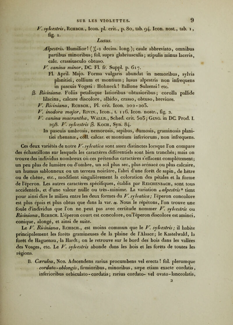 V. sylvestris, Rchbch. , Icon. pl. crit., p. 80, tab. g4- Icon. nost., tab. i, fig. i. Lusus. Alpestris. Humilior! decim. long.); caule abbreviato, omnibus partibus minoribus; fol. supra glabriusculis ; stipulis minus laceris, cale, crassiusculo obtuso. V. canina minor, DC. Fl. fr. Suppl, p. 617. Fl. April. Majo. Forma vulgaris abundat in nemoribus, sylvis planitiei, collium et montium ; lusus alpestris non infrequens in pascuis Vogesi : Hohneck ! Ballone Sulzensi ! etc. /3. Riviniana. Foliis petalisque latioribus obtusioribus ; corolla pallide lilacina, calcare discolore, albido, crasso, obtuso, breviore. V. Riviniana, Rchbch., Pl. crit. Icon. 202-2o3. V. inodora major, Rivin., Icon., t. n6. Icon. noslr., fig. 2. V. canina macrantha, Wallr., Sched. crit. 5o3; GiisG. in DC. Prod. I. 298. V. sylvestris Koch, Syn. 84. In pascuis umbrosis, nemorosis, sepibus, dumosis, graminosis plani- tiei rhenanæ, coll. calcar. et montium inferiorum, non infrequens. Ces deux variétés de notre V* sylvaiica sont assez distinctes lorsque l’on compare des échantillons sur lesquels les caractères différentiels sont bien tranchés; mais on trouve des individus nombreux où ces prétendus caractères s’effacent complètement; un peu plus de lumière ou d’ombre, un sol plus sec, plus arénacé ou plus calcaire, un humus sablonneux ou un terreau noirâtre, l’abri d’une forêt de sapin, de hêtre ou de chêne, etc., modifient singulièrement la coloration des pétales et la forme de l’éperon. Les autres caractères spécifiques, établis par Reichenbach, sont tous accidentels, et d’une valeur nulle ou très-minime. La variation «alpestris» tient pour ainsi dire le milieu entre les deux formes du V. sylvaiica; l’éperon concolore est plus épais et plus obtus que dans la var. ce- Nous le répétons, l’on trouve une foule d’individus que l’on ne peut pas avec certitude nommer V. sylvestris ou Riviniana, Rchbch. L’éperon court est concolore, ou l’éperon discolore est aminci, conique, alongé, et ainsi de suite. Le V. Riviniana, Rchbch., est moins commun que le V, sylvestris ; il habite principalement les forêts gramineuses de la plaine de l’Alsace; le Kastelwald, la forêt de Haguenau, la Hardt; on le retrouve sur le bord des bois dans les vallées des Vosges, etc. Le V. sylvestris abonde dans les bois et les forêts de toutes les régions. B. Cœrulea, Nob. Adscendens rarius procumbens vel erecta ! fol. plerumque cordato-oblongis, firmioribus, minoribus, sæpe etiam exacte cordatis , inferioribus orbiculato - cordatis ; rarius cordato- vel ovato-lanceolatis, 2