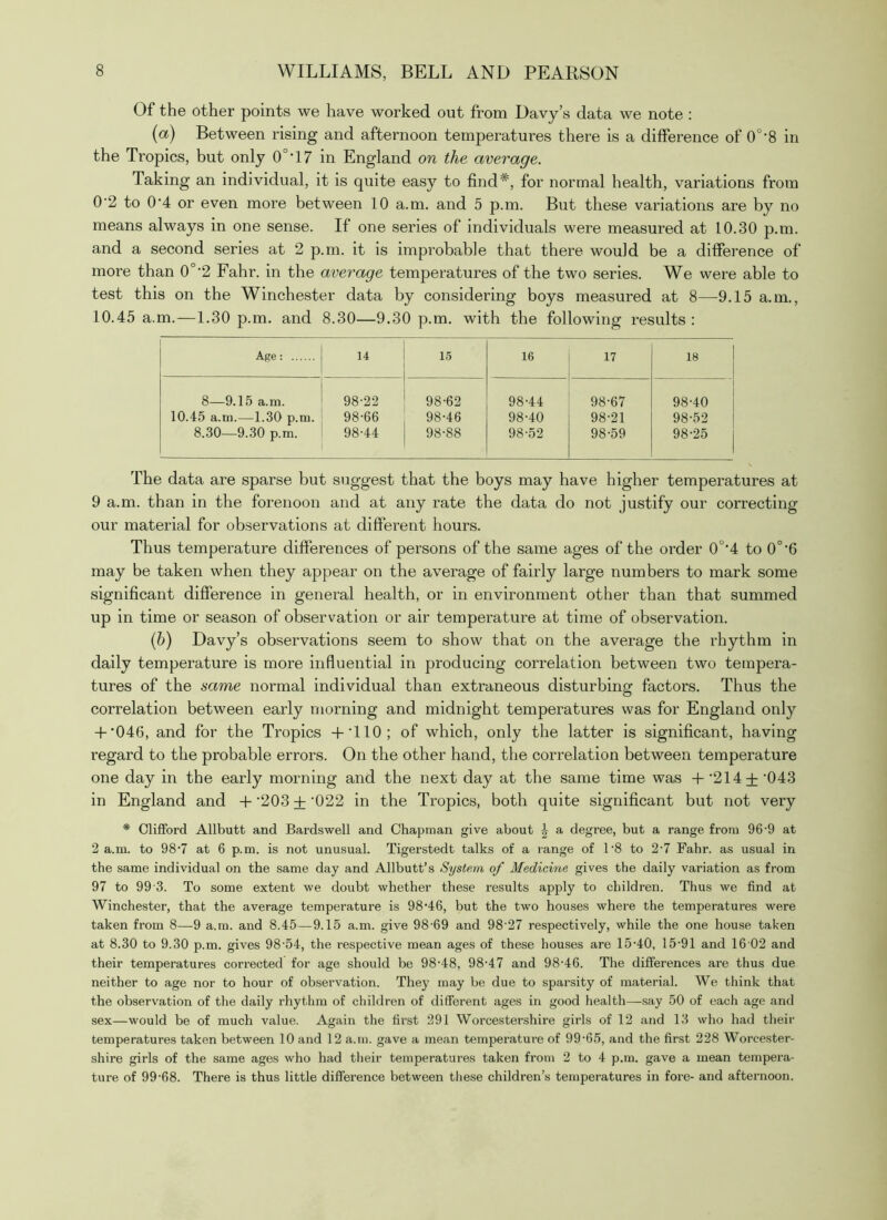 Of the other points we have worked out from Davy’s data we note : {a) Between rising and afternoon temperatures there is a difference of 0°’8 in the Tropics, but only 0°T7 in England on the average. Taking an individual, it is quite easy to find*, for normal health, variations from 0'2 to 0‘4 or even more between 10 a.m. and 5 p.m. But these variations are by no means always in one sense. If one series of individuals were measured at 10.30 p.m. and a second series at 2 p.m. it is improbable that there would be a difference of more than 0°‘2 Fahr. in the average temperatures of the two series. We were able to test this on the Winchester data by considering boys measured at 8—^9.15 a.m., 10.45 a.m.—1.30 p.m. and 8.30—9.30 p.m. with the following results : Age: 14 1.5 16 17 18 8—9.15 a.m. 98*22 98*62 98*44 98*67 98*40 10.45 a.m.—1.30 p.m. 98*66 98*46 98*40 98*21 98*52 8.30—9.30 p.m. 98*44 98*88 98*52 98*59 98*25 The data are sparse but suggest that the boys may have higher temperatures at 9 a.m. than in the forenoon and at any rate the data do not justify our correcting our material for observations at different hours. Thus temperature differences of persons of the same ages of the order 0°'4 to 0°'6 may be taken when they appear on the average of fairly large numbers to mark some significant difference in general health, or in environment other than that summed up in time or season of observation or air temperature at time of observation. (b) Davy’s observations seem to show that on the average the rhythm in daily temperature is more influential in producing correlation between two tempera- tures of the same normal individual than extraneous disturbing factors. Thus the correlation between early morning and midnight temperatures was for England only -f046, and for the Tropics -fTlO; of which, only the latter is significant, having regard to the probable errors. On the other hand, the correlation between temperature one day in the early morning and the next day at the same time was -}-'214 + ’043 in England and -f ’203 + ‘022 in the Tropics, both quite significant but not very * Clifford Allbutt and Bardswell and Chapman give about ^ a degree, but a range from 96-9 at 2 a.m. to 98-7 at 6 p.m. is not unusual. Tigerstedt talks of a range of 1’8 to 2‘7 Fahr. as usual in the same individual on the same day and Allbutt’s System of Medicine gives the daily variation as from 97 to 99 3. To some extent we doubt whether these results apply to children. Thus we find at Winchester, that the average temperature is 98*46, but the two houses where the temperatures were taken from 8—9 a.m. and 8.45—9.15 a.m. give 98*69 and 98*27 respectively, while the one house taken at 8.30 to 9.30 p.m. gives 98*54, the respective mean ages of these houses are 15*40, 15*91 and 16 02 and their temperatures corrected for age should be 98*48, 98*47 and 98*46. The differences are thus due neither to age nor to hour of observation. They may be due to sparsity of material. We think that the observation of the daily rhythm of children of different ages in good health—say 50 of each age and sex—would be of much value. Again the first 291 Worcestershire girls of 12 and 13 who had their temperatures taken between 10 and 12 a.m. gave a mean temperature of 99*65, and the first 228 Worcester- shire girls of the same ages who had tlieir temperatures taken from 2 to 4 p.m. gave a mean tempera- ture of 99*68. There is thus little difference between tliese children’s temperatures in fore- and afternoon.
