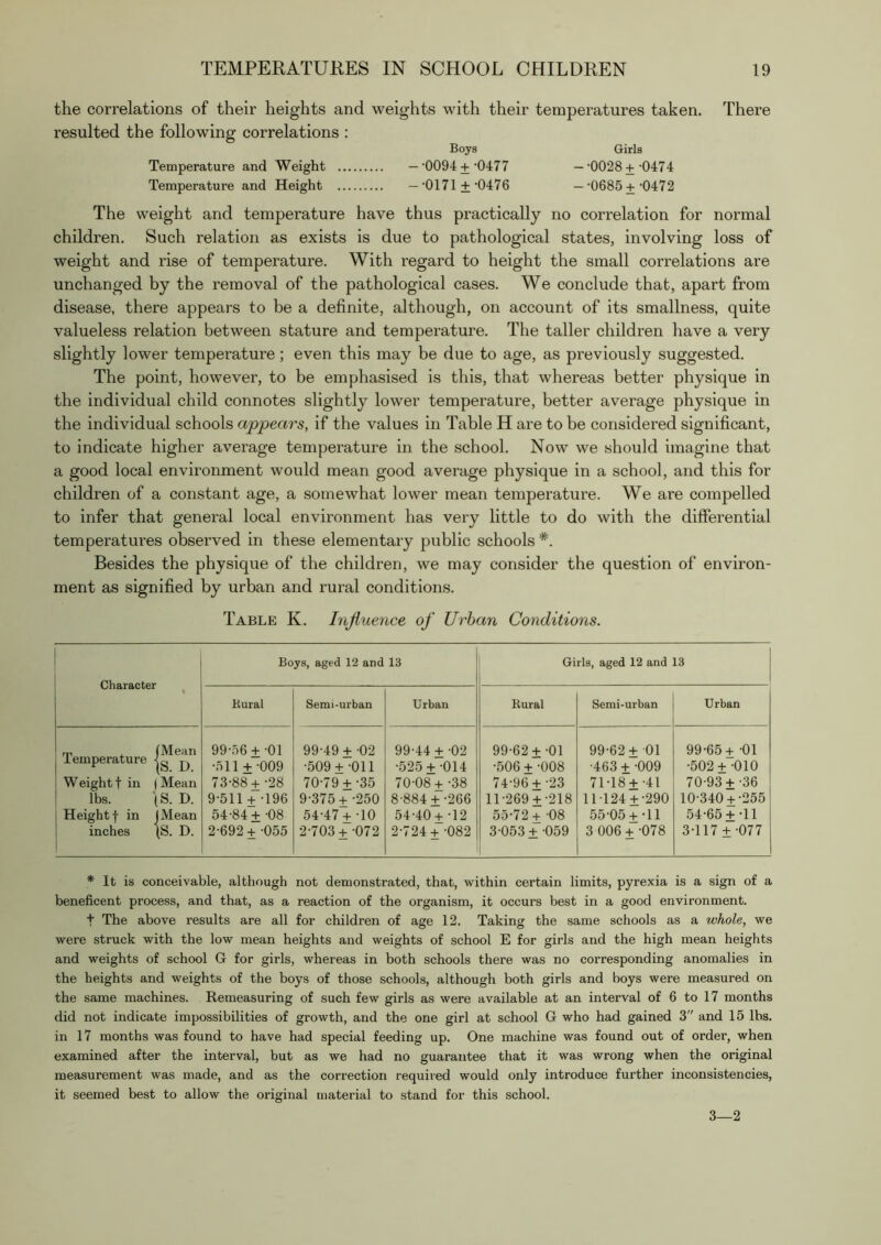 the correlations of their heights and weights with their temperatures taken. There resulted the following correlations : Boys Girls Temperature and Weight —’0094+'0477 —•0028+'0474 Temperature and Height —■0171 +'0476 —•0685+'0472 The weight and temperature have thus practically no correlation for normal children. Such relation as exists is due to pathological states, involving loss of weight and rise of temperature. With regard to height the small correlations are unchanged by the removal of the pathological cases. We conclude that, apart from disease, there appears to be a definite, although, on account of its smallness, quite valueless relation between stature and temperature. The taller children have a very slightly lower temperature; even this may be due to age, as previously suggested. The point, however, to be emphasised is this, that whereas better physique in the individual child connotes slightly lower temperature, better average physique in the individual schools appears, if the values in Table H are to be considered significant, to indicate higher average temperature in the school. Now we should imagine that a good local environment would mean good average physique in a school, and this for children of a constant age, a somewhat lower mean temperature. We are compelled to infer that general local environment has very little to do with the differential temperatures observed in these elementary public schools *. Besides the physique of the children, we may consider the question of environ- ment as signified by urban and rural conditions. Table K. Injiuence of Urban Conditions. Character Boys, aged 12 and 13 Girls, aged 12 and 13 Kural Semi-urban Urban Bural Semi-urban Urban rp , (Mean iemperature ^ Weight! in (Mean lbs. (S. D. Height t in j Mean inches \S. D. 99-56 + -01 •511 +-009 73-88+ -28 9-511 + -196 54-84+ -08 2-692+ -055 99-49 + -02 •509 +-Oil 70-79 + -35 9-375 + -250 54-47 + -10 2-703+ -072 99-44 +-02 •525 +-014 70-08+ -38 8-884+ -266 54-40+ -12 2-724 + -082 99-62 +-01 •506 + -008 74-96 + -23 11-269 + -218 55-72+ -08 3-053 + -059 99-62+ 01 ■463 + -009 71-18 +-41 11-124 +-290 55-05 +-11 3 006 + -078 99-65+ -01 •502+ -010 70-93+ -36 10-340+ -255 54-65 +-11 3-117 + -077 * It is conceivable, although not demonstrated, that, within certain limits, pyrexia is a sign of a beneficent process, and that, as a reaction of the organism, it occurs best in a good environment. t The above results are all for children of age 12. Taking the same schools as a whole, we were struck with the low mean heights and weights of school E for girls and the high mean heights and weights of school G for girls, whereas in both schools there was no corresponding anomalies in the heights and weights of the hoys of those schools, although both girls and boys were measured on the same machines. Remeasuring of such few girls as were available at an interval of 6 to 17 months did not indicate impossibilities of growth, and the one girl at school G who had gained 3 and 15 lbs. in 17 months was found to have had special feeding up. One machine was found out of order, when examined after the interval, but as we had no guarantee that it was wrong when the original measurement was made, and as the correction required would only introduce further inconsistencies, it seemed best to allow the original material to stand for this school. 3—2