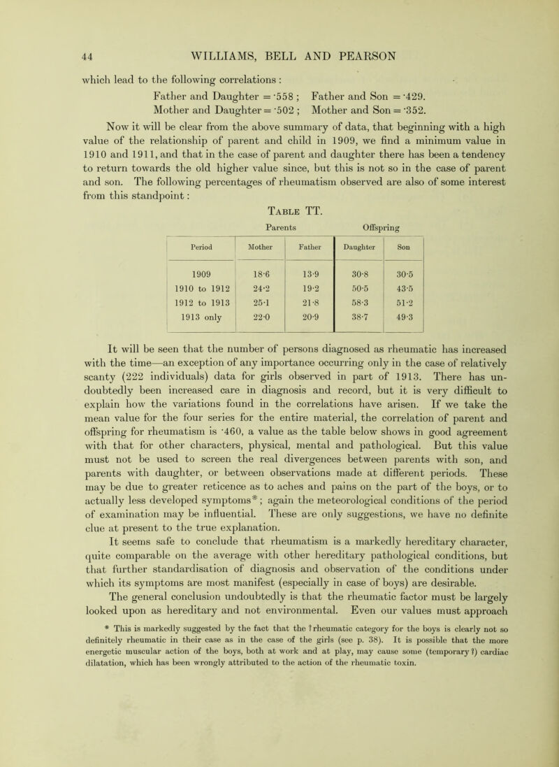 which lead to the following correlations : Father and Daughter = '558 ; Father and Son = •429. Mother and Daughter = ‘502 ; Mother and Son = •352. Now it will be clear from the above summary of data, that beginning with a high value of the relationship of parent and child in 1909, we find a minimum value in 1910 and 1911, and that in the case of parent and daughter there has been a tendency to return towards the old higher value since, but this is not so in the case of parent and son. The following percentages of rheumatism observed are also of some interest from this standpoint: Table TT. Parents Offspring Period Mother Father Daughter Son 1909 18-6 13-9 30-8 30-5 1910 to 1912 24-2 19-2 50-5 43-5 1912 to 1913 25-1 21-8 58-3 51-2 1913 only 22-0 20-9 38-7 49-3 It will be seen that the number of persons diagnosed as rheumatic has increased with the time—an exception of any importance occurring only in the case of relatively scanty (222 individuals) data for girls observed in part of 1913. There has un- doubtedly been increased care in diagnosis and record, but it is very difficult to explain how the variations found in the correlations have arisen. If we take the mean value for the four series for the entire material, the correlation of parent and offspring for rheumatism is •460, a value as the table below shows in good agreement with that for other characters, physical, mental and pathological. But this value must not be used to screen the real divergences between parents with son, and parents with daughter, or between observations made at different periods. These may be due to greater reticence as to aches and pains on the part of the boys, or to actually less developed symptoms*; again the meteorological conditions of the period of examination may be inffuential. These are only suggestions, we have no definite clue at present to the true explanation. It seems safe to conclude that rheumatism is a markedly hereditary character, quite comparable on the average with other hereditary pathological conditions, but that further standardisation of diagnosis and observation of the conditions under which its symptoms are most manifest (especially in case of boys) are desirable. The general conclusion undoubtedly is that the rheumatic factor must be largely looked upon as hereditary and not environmental. Even our values must approach * This is markedly suggested by the fact that the 1 rheumatic category for the boys is clearly not so definitely rheumatic in their case as in the case of the girls (see p. 38). It is possible that the more energetic muscular action of the boys, both at work and at play, may cause some (temporary 1) cardiac dilatation, which has been wrongly attributed to the action of the rheumatic toxin.