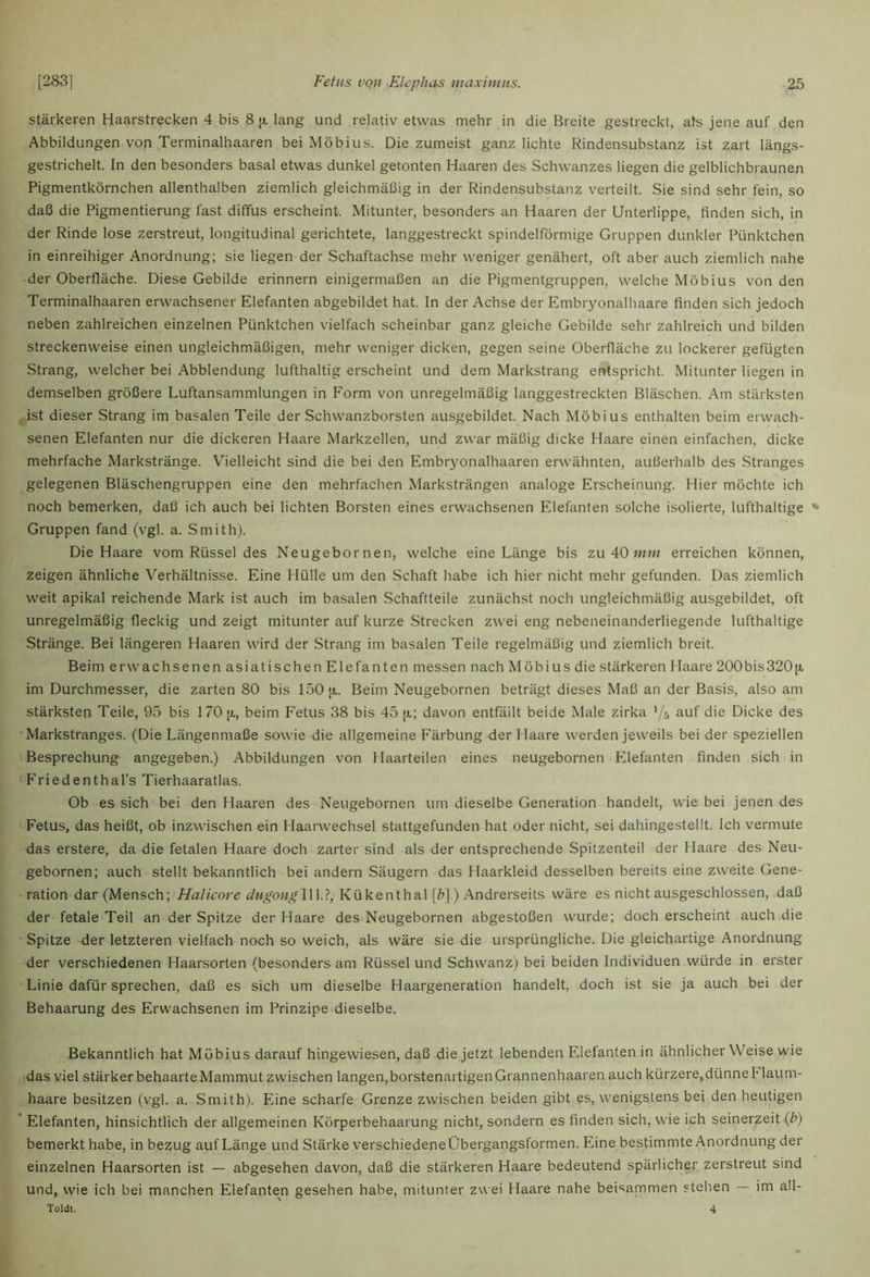 stärkeren Haarstrecken 4 bis 8 [x lang und relativ etwas mehr in die Breite gestreckt, ats jene auf den Abbildungen von Terminalhaaren bei Möbius. Die zumeist ganz lichte Rindensubstanz ist zart längs- gestrichelt. In den besonders basal etwas dunkel getonten Haaren des Schwanzes liegen die gelblichbraunen Pigmentkörnchen allenthalben ziemlich gleichmäßig in der Rindensubstanz verteilt. Sie sind sehr fein, so daß die Pigmentierung fast diffus erscheint. Mitunter, besonders an Haaren der Unterlippe, finden sich, in der Rinde lose zerstreut, longitudinal gerichtete, langgestreckt spindelförmige Gruppen dunkler Pünktchen in einreihiger Anordnung; sie liegen der Schaftachse mehr weniger genähert, oft aber auch ziemlich nahe der Oberfläche. Diese Gebilde erinnern einigermaßen an die Pigmentgruppen, welche Möbius von den Terminalhaaren erwachsener Elefanten abgebildet hat. In der Achse der Embryonalhaare finden sich jedoch neben zahlreichen einzelnen Pünktchen vielfach scheinbar ganz gleiche Gebilde sehr zahlreich und bilden streckenweise einen ungleichmäßigen, mehr weniger dicken, gegen seine Oberfläche zu lockerer gefügten Strang, welcher bei Abblendung lufthaltig erscheint und dem Markstrang entspricht. Mitunter liegen in demselben größere Luftansammlungen in Form von unregelmäßig langgestreckten Bläschen. Am stärksten ist dieser Strang im basalen Teile der Schwanzborsten ausgebildet. Nach Möbius enthalten beim erwach- senen Elefanten nur die dickeren Haare Markzellen, und zwar mäßig dicke Haare einen einfachen, dicke mehrfache Markstränge. Vielleicht sind die bei den Embryonalhaaren erwähnten, außerhalb des Stranges gelegenen Bläschengruppen eine den mehrfachen Marksträngen analoge Erscheinung. Hier möchte ich noch bemerken, daß ich auch bei lichten Borsten eines erwachsenen Elefanten solche isolierte, lufthaltige ^ Gruppen fand (vgl. a. Smith). Die Haare vom Rüssel des Neugebornen, welche eine Länge bis zu 40 w;« erreichen können, zeigen ähnliche Verhältnisse. Eine Hülle um den Schaft habe ich hier nicht mehr gefunden. Das ziemlich weit apikal reichende Mark ist auch im basalen Schaftteile zunächst noch ungleichmäßig ausgebildet, oft unregelmäßig fleckig und zeigt mitunter auf kurze Strecken zwei eng nebeneinanderliegende lufthaltige Stränge. Bei längeren Haaren wird der Strang im basalen Teile regelmäßig und ziemlich breit. Beim erwachsenen asiatischen Elefanten messen nach Möbius die stärkeren Haare 200bis320|x im Durchmesser, die zarten 80 bis 150 [x. Beim Neugebornen beträgt dieses Maß an der Basis, also am stärksten Teile, 95 bis 170 jx, beim Fetus 38 bis 45 [x; davon entfällt beide Male zirka '/s auf die Dicke des Markstranges. (Die Längenmaße sowie die allgemeine Färbung der Haare werden jeweils bei der speziellen Besprechung angegeben.) Abbildungen von Haarteilen eines neugebornen Elefanten finden sich in Friedenthal’s Tierhaaratlas. Ob es sich bei den Haaren des Neugebornen um dieselbe Generation handelt, wie bei jenen des Fetus, das heißt, ob inzwischen ein Haarwechsel stattgefunden hat oder nicht, sei dahingestellt. Ich vermute das erstere, da die fetalen Haare doch zarter sind als der entsprechende Spitzenteil der Haare des Neu- gebornen; auch stellt bekanntlich bei andern Säugern das Haarkleid desselben bereits eine zweite Gene- ration dar (Mensch; Halicore dugonglW.l, Kükenthal [I;] ) Andrerseits wäre es nicht ausgeschlossen, daß der fetale Teil an der Spitze der Haare des Neugebornen abgestoßen wurde; doch erscheint auch die Spitze der letzteren vielfach noch so weich, als wäre sie die ursprüngliche. Die gleichartige Anordnung der verschiedenen Haarsorten (besonders am Rüssel und Schwanz) bei beiden Individuen würde in erster Linie dafür sprechen, daß es sich um dieselbe Haargeneration handelt, doch ist sie ja auch bei der Behaarung des Erwachsenen im Prinzipe dieselbe. Bekanntlich hat Möbius darauf hingewiesen, daß die jetzt lebenden Elefanten in ähnlicher Weise wie (das viel stärker behaarte Mammut zwischen langen, borstenartigen Grannenhaaren auch kürzere, dünne Flaum- haare besitzen (vgl. a. Smith). Eine scharfe Grenze zwischen beiden gibt es, wenigstens bei den heutigen * Elefanten, hinsichtlich der allgemeinen Körperbehaarung nicht, sondern es finden sich, wie ich seinerzeit {b) bemerkt habe, in bezug auf Länge und Stärke verschiedeneÜbergangsformen. Eine bestimmte Anordnung der einzelnen Haarsorten ist — abgesehen davon, daß die stärkeren Haare bedeutend spärlicher zerstreut sind und, wie ich bei manchen Elefanten gesehen habe, mitunter zwei Haare nahe beisammen stehen — im all- Toldt. 4