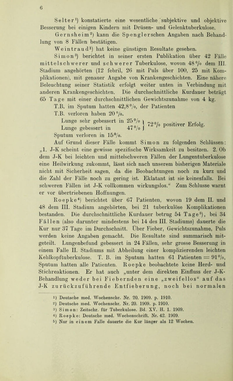 Selter^) konstatierte eine wesentliche subjektive und objektive Besserung bei einigen Kindern mit Drüsen- und Gelenktuberkulose. Gernsheim 2) kann die Sp engl er sehen Angaben nach Behand- lung von 8 Fällen bestätigen. Weintraud^) hat keine günstigen Resultate gesehen. Simonberichtet in seiner ersten Publikation über 42 Fälle mittelschwerer und schwerer Tuberkulose, wovon 48% dem III. Stadium angehörten (12 febril, 26 mit Puls über 100, 25 mit Kom- idikationen), mit genauer Angabe von Krankengeschichten. Eine nähere Beleuchtung seiner Statistik erfolgt weiter unten in Verbindung mit anderen Krankengeschichten. Die durchschnittliche Kurdauer beträgt 65 Tage mit einer durchschnittlichen Gewichtszunahme von 4 kg. T.B. im Sputum hatten 42,8%, der Patienten T.B. verloren haben 20 %. Lunge sehr gebessert in 25% 47% I 72% positiver Erfolg. Lunge gebessert in Sputum verloren in 15%. Auf Grund dieser Fälle kommt Simon zu folgenden Schlüssen: „1. J-K scheint eine gewisse spezifische Wirksamkeit zu besitzen. 2. Ob dem J-K bei leichten und mittelschweren Fällen der Lungentuberkulose eine Heilwirkung zukommt, lässt sich nach unserem bisherigen Materiale nicht mit Sicherheit sagen, da die Beobachtungen noch zu kurz und die Zahl der Fälle noch zu gering ist. Eklatant ist sie keinesfalls. Bei schweren Fällen ist J-K vollkommen wirkungslos.'^ Zum Schlüsse warnt er vor übertriebenen Hoffnungen. Roepke^) berichtet über 67 Patienten, wovon 19 dem II. und 48 dem HL Stadium angehörten, bei 21 tuberkulöse Komplikationen bestanden. Die durchschnittliche Kurdauer betrug 54 Tage®), bei 34 Fällen (also darunter mindestens bei 14 des HL Stadiums) dauerte die Kur nur 37 Tage im Durchschnitt. Über Fieber, Gewichtszunahme, Puls werden keine Angaben gemacht. Die Resultate sind summarisch mit- geteilt. Lungenbefund gebessert in 24 Fällen, sehr grosse Besserung in einem Falle H. Stadiums mit Abheilung einer komplizierenden leichten Kehlkopftuberkulose. T. B. im Sputum hatten 61 Patienten = 91°/o, Sputum hatten alle Patienten. Roepke beobachtete keine Herd- und Stichreaktionen. Er hat auch „unter dem direkten Einffuss der J-K- Behandlung weder bei Fiebernden eine „zweifellos“ auf das J-K zurückzuführende Entfieberung, noch bei normalen 1) Deutsche med. Wochenschr. Nr. 20. 1909. p. 1910. ‘^) Deutsche med. Wochenschr. Nr. 20. 1909. p. 1910. 3) Simon: Zeitschr. für Tuberkulose. Bd. XV. H. 1. 1909. i) Roepke: Deutsche med. Wochenschrift. Nr. 42. 1909. 5) Nur in einem Falle dauerte die Kur länger als 12 Wochen.