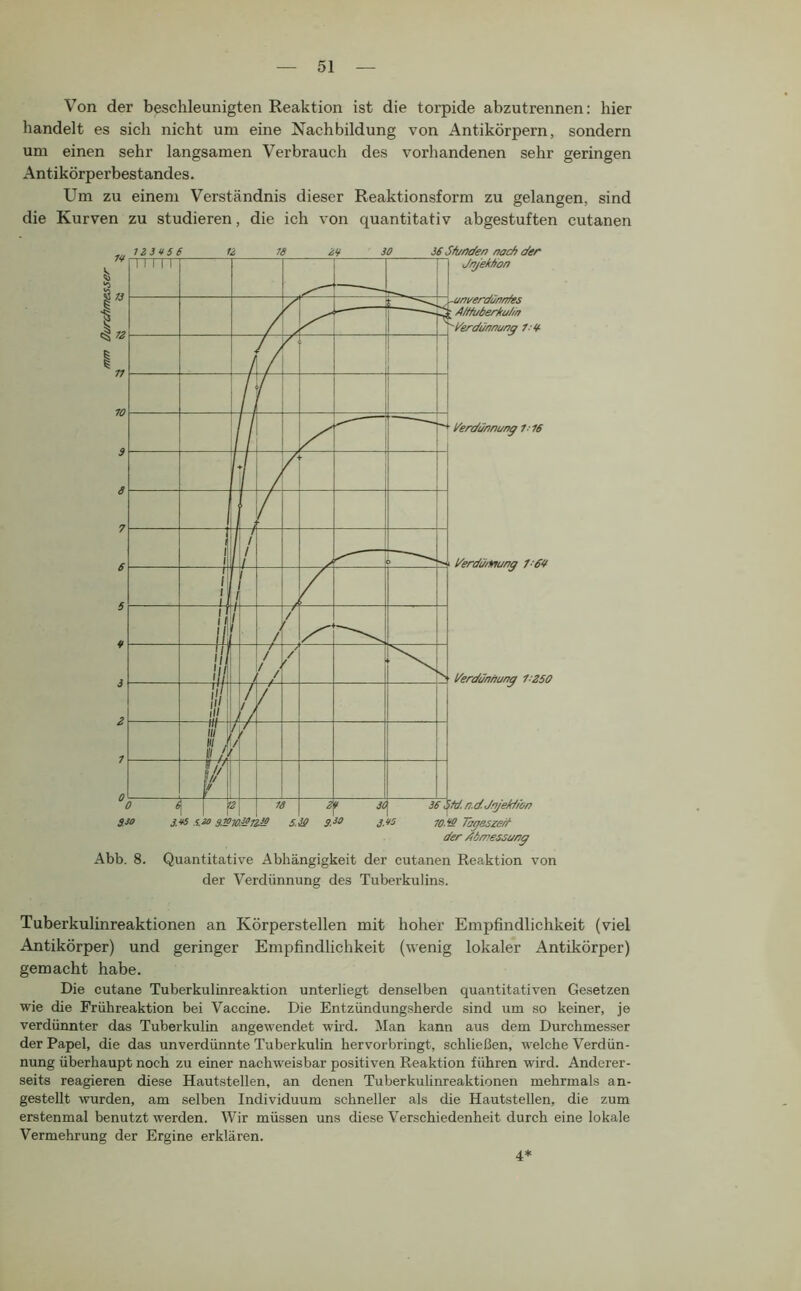 Von der beschleunigten Reaktion ist die torpide abzutrennen: hier handelt es sich nicht um eine Nachbildung von Antikörpern, sondern um einen sehr langsamen Verbrauch des vorhandenen sehr geringen Antikörperbestandes. Um zu einem Verständnis dieser Reaktionsform zu gelangen, sind die Kurven zu studieren, die ich von quantitativ abgestuften cutanen Abb. 8. Quantitative Abhängigkeit der cutanen Reaktion von der Verdünnung des Tuberkulins. Tuberkulinreaktionen an Körperstellen mit hoher Empfindlichkeit (viel Antikörper) und geringer Empfindlichkeit (wenig lokaler Antikörper) gemacht habe. Die cutane Tuberkulinreaktion unterliegt denselben quantitativen Gesetzen wie die Frühreaktion bei Vaccine. Die Entzündungsherde sind um so keiner, je verdünnter das Tuberkulin angewendet wird. Man kann aus dem Durchmesser der Papel, die das unverdünnte Tuberkulin hervorbringt, schließen, welche Verdün- nung überhaupt noch zu einer nachweisbar positiven Reaktion führen wird. Anderer- seits reagieren diese Hautstellen, an denen Tuberkulinreaktionen mehrmals an- gestellt wurden, am selben Individuum schneller als die Hautstellen, die zum erstenmal benutzt werden. Wir müssen uns diese Verschiedenheit durch eine lokale Vermehrung der Ergine erklären. 4*