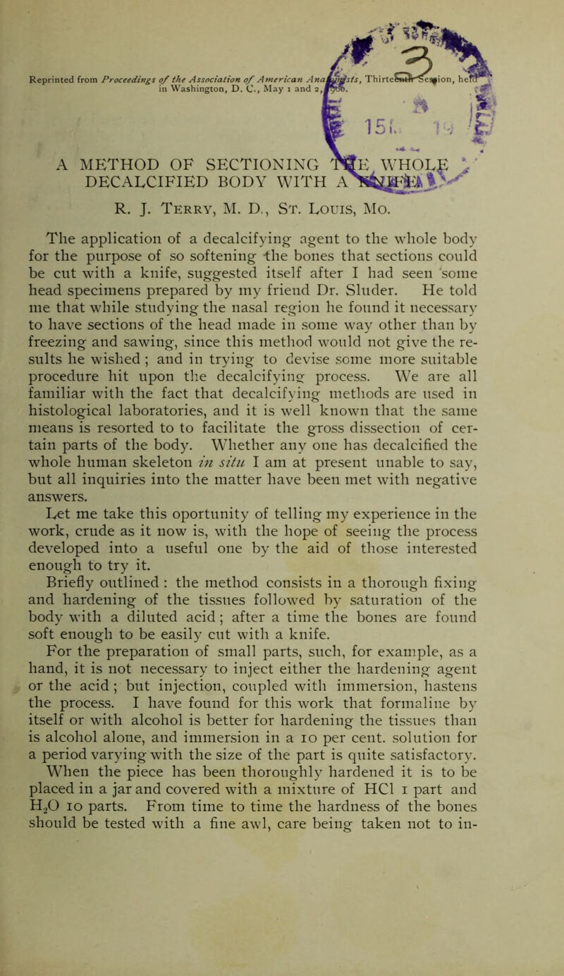 Reprinted from Proceedings of the Association of American An< in Washington, D. C., May i and 2 A mp:thod of sectioning DECALCIFIED BODY WIlT R. J. Terry, M. D., St. Louis, jMo. The application of a decalcifying agent to the whole body for the purpose of so softening -the bones that sections could be cut with a knife, suggested itself after I had seen 'some head specimens prepared by my friend Dr. Sluder. He told me that while studying the nasal region he found it necessary to have sections of the head made in some way other than by freezing and sawing, since this method would not give the re- sults he wished ; and in trying to devise some more suitable procedure hit upon the decalcifying process. We are all familiar with the fact that decalcifying methods are used in histological laboratories, and it is well known that the same means is resorted to to facilitate the gross dissection of cer- tain parts of the body. Whether any one has decalcified the whole human skeleton in situ I am at present unable to say, but all inquiries into the matter have been met with negative answers. Let me take this oportunity of telling my experience in the work, crude as it now is, with the hope of seeing the process developed into a useful one by the aid of those interested enough to try it. Briefly outlined : the method consists in a thorough fixing and hardening of the tissues followed by saturation of the body with a diluted acid ; after a time the bones are found soft enough to be easily cut with a knife. For the preparation of small parts, such, for example, as a hand, it is not necessary to inject either the hardening agent or the acid ; but injection, coupled with immersion, hastens the process. I have found for this work that formaline by itself or with alcohol is better for hardening the tissues than is alcohol alone, and immersion in a 10 per cent, solution for a period varying with the size of the part is quite satisfactory. When the piece has been thoroughly hardened it is to be placed in a jar and covered with a mixture of HCl i part and H2O 10 parts. From time to time the hardness of the bones should be tested with a fine awl, care being taken not to in-