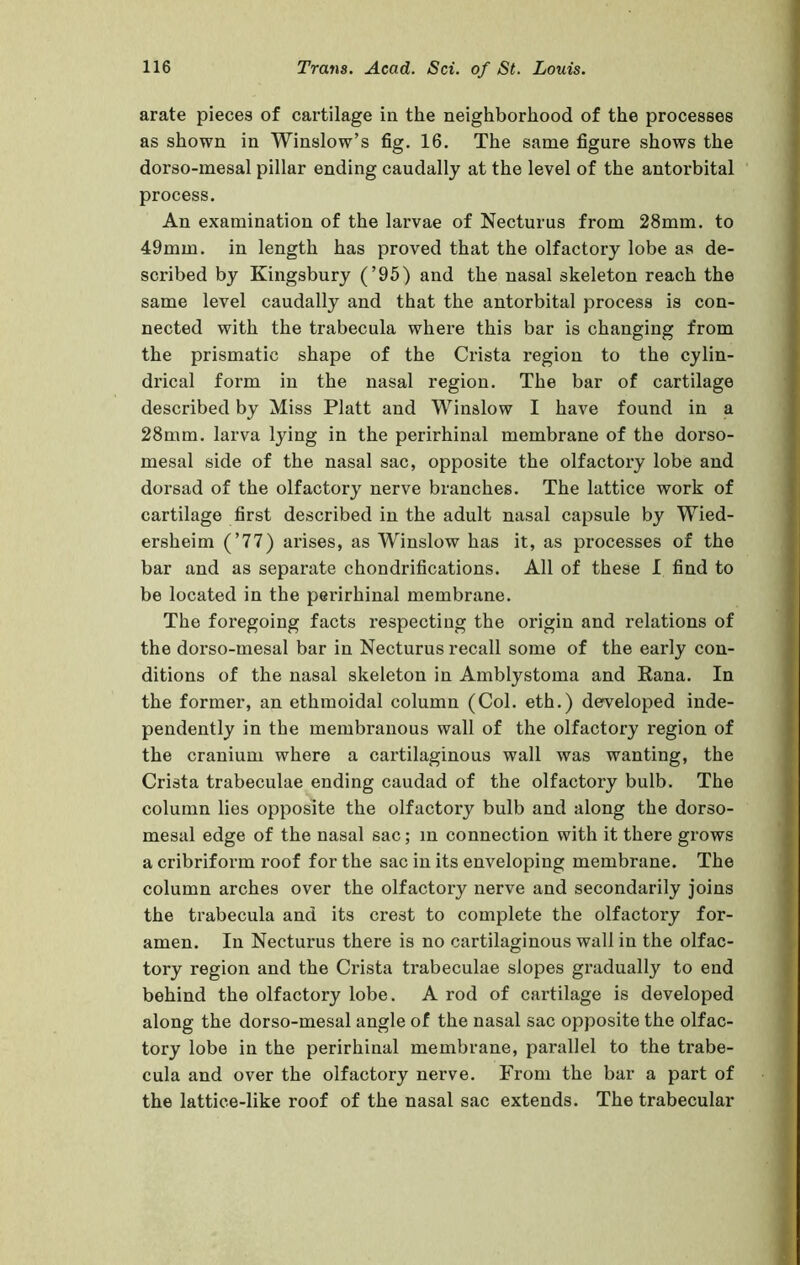 arate pieces of cartilage in the neighborhood of the processes as shown in Winslow’s fig. 16. The same figure shows the dorso-mesal pillar ending caudallj at the level of the antorbital process. An examination of the larvae of Necturus from 28mm. to 49mm. in length has proved that the olfactory lobe as de- scribed by Kingsbury (’95) and the nasal skeleton reach the same level caudally and that the antorbital process is con- nected with the trabecula where this bar is changing from the prismatic shape of the Crista region to the cylin- drical form in the nasal region. The bar of cartilage described by Miss Platt and Winslow I have found in a 28mm. larva lying in the perirhinal membrane of the dorso- mesal side of the nasal sac, opposite the olfactory lobe and dorsad of the olfactory nerve branches. The lattice work of cartilage first described in the adult nasal capsule by Wied- ersheim (’77) arises, as Winslow has it, as processes of the bar and as separate chondrifications. All of these I find to be located in the perirhinal membrane. The foregoing facts respecting the origin and relations of the dorso-mesal bar in Necturus recall some of the early con- ditions of the nasal skeleton in Amblystoma and Rana. In the former, an ethmoidal column (Col. eth.) developed inde- pendently in the membranous wall of the olfactory region of the cranium where a cartilaginous wall was wanting, the Crista trabeculae ending caudad of the olfactory bulb. The column lies opposite the olfactory bulb and along the dorso- mesal edge of the nasal sac; in connection with it there grows a cribriform roof for the sac in its enveloping membrane. The column arches over the olfactory nerve and secondarily joins the trabecula and its crest to complete the olfactory for- amen. In Necturus there is no cartilaginous wall in the olfac- tory region and the Crista trabeculae slopes gradually to end behind the olfactory lobe. A rod of cartilage is developed along the dorso-mesal angle of the nasal sac opposite the olfac- tory lobe in the perirhinal membrane, parallel to the trabe- cula and over the olfactory nerve. From the bar a part of the lattice-like roof of the nasal sac extends. The trabecular