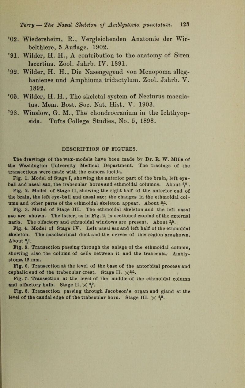 '02. Wiedersheim, K., Vergleichenden Anatomic der Wir- belthiere, 5 Auflage. 1902. ’91. Wilder, H. H., A contribution to the anatomy of Siren lacertina. Zool. Jahrb. IV. 1891. ’92. Wilder, H. H., Die Nasengegend von Menopoma alleg- haniense und Amphiuma tridactylum. Zool. Jahrb. V. 1892. ’03. Wilder, H. H., The skeletal system of Necturus macula- tus. Mem. Bost. Soc. Nat. Hist. V. 1903. ’98. Winslow, G. M., The chondrocranium in the Ichthyop- sida. Tufts College Studies, No. 5, 1898. DESCRIPTION OF FIGURES. The drawings of the wsx-models have been made by Dr. H. W. Mills of the Washington University Medical Department. The tracings of the transectlons were made with the camera lucida. Fig. 1. Model of Stage I, showing the anterior part of the brain, left eye- ball and nasal sac, the trabecular horns and ethmoidal columns. About ^. Fig. 2. Model of Stage II, showing the right half of the anterior end of the brain, the left eye-ball and nasal sac; the changes In the ethmoidal col- umn and other parts of the ethmoidal skeleton appear. About Fig. 3. Model of Stage III. The ethmoidal skeleton and the left nasal sac are shown. The latter, as in Fig. 2, Is sectioned caudad of the external naris. The olfactory and ethmoidal windows are present. About y.. Fig. 4. Model of Stage IV. Left nasal sac and left half of the ethmoidal skeleton. The nasolacrimal duct and the nerves of this region are shown. About ^1^. Fig. 6. Transection passing through the anlage of the ethmoidal column, showing also the column of cells between it and the trabecula. Ambly- stoma 12 mm. Fig. 6. Transection at the level of the base of the antorbital process and cephalic end of the trabecular crest. Stage II. Fig. 7. Transection at the level of the middle of the ethmoidal column and olfactory bulb. Stage II. X Fig. 8. Transection passing through Jacobson’s organ and gland at the