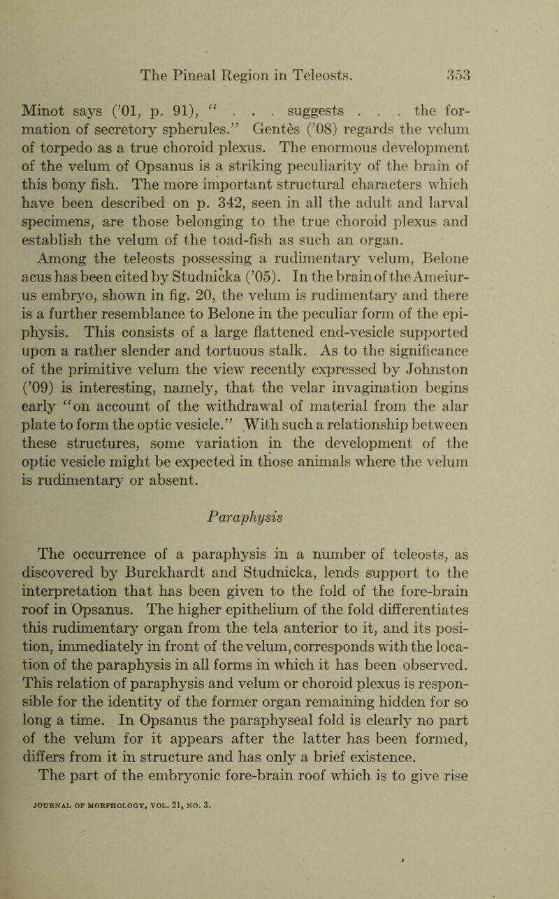 Minot says (’01, p. 91), “ . . . suggests . . . the for- mation of secretory spherules.” Gentes (’08) regards the velum of torpedo as a true choroid plexus. The enormous development of the velum of Opsanus is a striking peculiarity of the brain of this bony fish. The more important structural characters which have been described on p. 342, seen in all the adult and larval specimens, are those belonging to the true choroid plexus and establish the velum of the toad-fish as such an organ. Among the teleosts possessing a rudimentary velum, Belone acus has been cited by Studnicka (’05). In the brain of the Ameiur- us embryo, shown in fig. 20, the velum is rudimentary and there is a further resemblance to Belone in the peculiar form of the epi- physis. This consists of a large flattened end-vesicle supported upon a rather slender and tortuous stalk. As to the significance of the primitive velum the view recently expressed by Johnston (’09) is interesting, namely, that the velar invagination begins early ‘'on account of the withdrawal of material from the alar plate to form the optic vesicle.” With such a relationship between these structures, some variation in the development of the optic vesicle might be expected in those animals where the velum is rudimentary or absent. Paraphysis The occurrence of a paraphysis in a number of teleosts, as discovered by Burckhardt and Studnicka, lends support to the interpretation that has been given to the fold of the fore-brain roof in Opsanus. The higher epithelium of the fold differentiates this rudimentary organ from the tela anterior to it, and its posi- tion, immediately in front of the velum, corresponds with the loca- tion of the paraphysis in all forms in which it has been observed. This relation of paraphysis and velum or choroid plexus is respon- sible for the identity of the former organ remaining hidden for so long a time. In Opsanus the paraphyseal fold is clearly no part of the velum for it appears after the latter has been formed, differs from it in structure and has only a brief existence. The part of the embryonic fore-brain roof which is to give rise JOURNAL OF MOBPHOLOGT, VOL. 21, NO. 3.