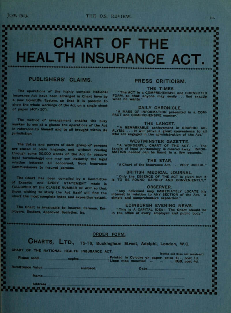 1 CHART OF THE HEALTH INSURANCE ACT. PUBLISHERS’ CLAIMS. The operatione of the highly complex National Insurance Act have been arranged in Chart form by a new Scientific System, so that it is possible to show the whole workings of the Act on a single sheet of paper (40*x30). The method of arrangement enables the busy worker to see at a glance the operations of the Act In reference to himself and to all brought within its Jurisdiction. The duties and powers of each group of persons are stated in plain language, and without reading through some 50,000 words of the Act (in obscure legal terminology) one may see instantly the legal relation between all concerned, from Insurance Commissioners to Insured persons. The Chart has been compiled by a Committee of Experts, and EVERY STATEMENT made is FOLLOWED BY the CLAUSE NUMBER OF ACT so that those wishing to study the Act itself will find the Chart the most complete index and exposition extant. The Chart is invaluable to Insured Persons, Em- ployers, Doctors, Approved Societies, &c. PRESS CRITICISM. THE TIMES. “The ACT in a COMPREHENSIVE and CONNECTED FORM, so that anyone may easily . . . find exactly what he wants. DAILY CHRONICLE. “A MASS OF INFORMATION presented In a COM- PACT and COMPREHENSIVE manner. THE LANCET. “A REMARKABLE achievement in GRAPHIC AN- ALYSIS. ... It will prove a great convenience to all who are engaged in the administration of the Act.” WESTMINSTER GAZETTE. “A WONDERFUL CHART OF THE ACT. . : . The tangle of legal phraseology is cleared away. INFOR- MATION needed oan be found in a few seconds. THE STAR. ‘A Chart of the insurance Act. . VERY USEFUL. Is BRITISH MEDICAL JOURNAL. “Only the ESSENCE OF THE ACT is given, but it TO BE FOUND RAPIDLY AND CONVENIENTLY.” OBSERVER. “Any individual may IMMEDIATELY LOCATE his interest in relation to ANY SECTION of the Act. A simple and comprehensive exposition. EDINBURGH EVENING NEWS. “This is A CAPITAL IDEA! The Chart should be in the ofiloe of every employer and public body. ORDER FORM. Charts, Ltd., 15-16, Buckingham street, Adelphi, London, W.C. CHART OF THE NATIONAL HEALTH INSURANCE ACT, (Strike out lines not reeuired.) Please send... mniM (Printed in Colours on paper, prioe 1/-, post Id. 1 Linen map mounted 3/6, post Remittance Value Name.. -enclosed. Date. Address.