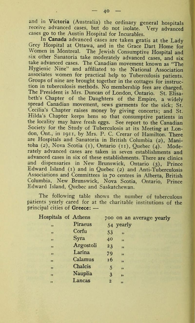 and in Victoria (Australia) the ordinary general hospitals receive advanced cases, but do not isolate. Very advanced cases go to the Austin Hospital for Incurables. In Canada advanced cases are taken gratis at the Lady Grey Hospital at Ottawa, and in the Grace Dart Home for Women in Montreal. The Jewish Consumptive Hospital and six other Sanatoria take moderately advanced cases, and six take advanced cases. The Canadian movement known as “The Hygienic Nine” and affiliated to the National Association associates women for practical help to Tuberculosis patients. Groups of nine are brought together in the cottages for instruc- tion in tuberculosis methods. No membership fees are charged. The President is Mrs. Duncan of London, Ontario. St. Elisa- beth’s Chapter of the Daughters of the Empire, a widely spread Canadian movement, sews garments for the sick; St. Cecilia’s Chapter raises money by giving concerts; and St. Hilda s Chapter keeps hens so that consumptive patients in the locality may have fresh eggs. See report to the Canadian Society for the Study of Tuberculosis at its Meeting at Lon- don, Ont., in 1911, by Mrs. P. C. Crerar of Hamilton. There are Hospitals and Sanatoria in British Columbia (2), Mani- toba (2), Nova Scotia (1), Ontario (11), Quebec (4). Mode- rately advanced cases are taken in seven establishments and advanced cases in six of these establishments. There are clinics and dispensaries in New Brunswick, Ontario (3), Prince Edward Island (1) and in Quebec (2) and Anti-Tuberculosis Associations and Committees in 70 centres in Alberta, British Columbia, New Brunswick, Nova Scotia, Ontario, Prince Edward Island, Quebec and Saskatchewan. The following table shows the number of tuberculous patients yearly cared for at the charitable institutions of the principal cities of Greece: — Hospitals of Athens 700 on an average yearly 99 Piraeus 54 yearly 99 Corfu 53 „ 99 Syra 40 99 Argostoli 23 „ 99 Larina 79 .. 99 Calamus 16 99 Chalcis 5 99 99 Nauplia 3 » 99 Lancas 2