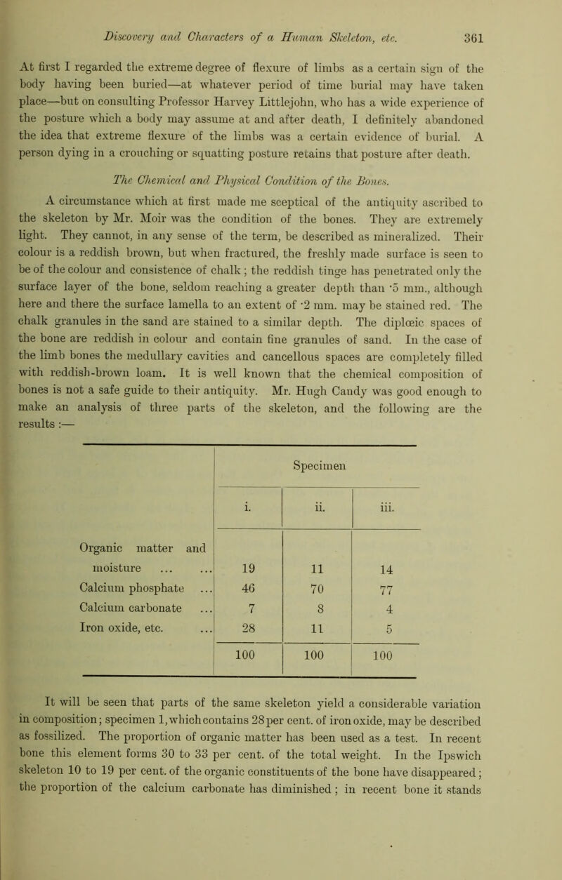 At first I regarded the extreme degree of flexure of limbs as a certain sign of the body having been buried—at whatever period of time burial may have taken place—but on consulting Professor Harvey Littlejohn, who has a wide experience of the posture which a body may assume at and after death, I definitely abandoned the idea that extreme flexure of the limbs was a certain evidence of burial. A person dying in a crouching or squatting posture retains that posture after death. The Chemical and Physiced Condition of the Bones. A circumstance which at first made me sceptical of the antiquity ascribed to the skeleton by Mr. Moir was the condition of the bones. They are extremely light. They cannot, in any sense of the term, be described as mineralized. Their colour is a reddish brown, but when fractured, the freshly made surface is seen to be of the colour and consistence of chalk ; the reddish tinge has penetrated only the surface layer of the bone, seldom reaching a greater depth than '5 mm., although here and there the surface lamella to an extent of ‘2 mm. may be stained red. The chalk granules in the sand are stained to a similar depth. The diploeic spaces of the bone are reddish in colour and contain fine granules of sand. In the case of the limb bones the medullary cavities and cancellous spaces are completely filled with reddish-brown loam. It is well known that the chemical composition of bones is not a safe guide to their antiquity. Mr. Hugh Candy was good enough to make an analysis of three parts of the skeleton, and the following are the results :— ! Specimen i. ii. iii. Organic matter and moisture 19 11 14 Calcium phosphate 46 70 77 Calcium carbonate 7 8 4 Iron oxide, etc. 28 11 5 100 100 100 It will be seen that parts of the same skeleton yield a considerable variation in composition; specimen 1, which contains 28 per cent, of iron oxide, may be described as fossilized. The proportion of organic matter has been used as a test. In recent bone this element forms 30 to 33 per cent, of the total weight. In the Ipswich skeleton 10 to 19 per cent, of the organic constituents of the bone have disappeared; tlie proportion of the calcium carbonate has diminished ; in recent bone it stands