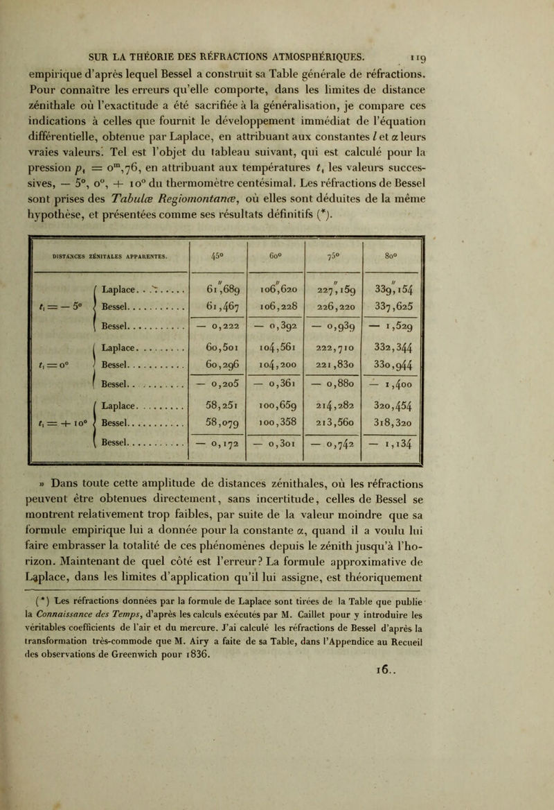 empirique d’après lequel Bessel a construit sa Table générale de réfractions. Pour connaître les erreurs qu’elle comporte, dans les limites de distance zénithale où l’exactitude a été sacrifiée à la généralisation, je compare ces indications à celles que fournit le développement immédiat de l’équation différentielle, obtenue parLaplace, en attribuant aux constantes / et a leurs vraies valeurs. Tel est l’objet du tableau suivant, qui est calculé pour la pression pA = om,r]6, en attribuant aux températures tt les valeurs succes- sives, — 5°, o°, + io° du thermomètre centésimal. Les réfractions de Bessel sont prises des Tabulœ Regiomontanœ, où elles sont déduites de la même hypothèse, et présentées comme ses résultats définitifs {*). DISTANCES ZÉNITALES APPARENTES. 45° Co° 750 80° r Laplace. . .^ 6t,689 106,620 // 227,159 339% 54 & 1 II <>7 Bessel 61,467 106,228 226,220 337,625 Bessel — 0,222 — 0,392 — °>939 — 1,529 Laplace 6o,5oi io4,56i 222,710 332,344 t, = 0° Bessel 60,296 104,200 221,83o 33o,g44 Bessel. — 0,205 — o,36i 0 00 00 0 1 — i,4oo Laplace 58,25i 100,65g 214,282 320,454 t, = -U 10° Bessel 58,079 ioo,358 213,56o 3i8,32o Bessel — 0,172 — o,3oi — 0,742 — i,i34 » Dans toute cette amplitude de distances zénithales, où les réfractions peuvent être obtenues directement, sans incertitude, celles de Bessel se montrent relativement trop faibles, par suite de la valeur moindre que sa formule empirique lui a donnée pour la constante a, quand il a voulu lui faire embrasser la totalité de ces phénomènes depuis le zénith jusqu’à l’ho- rizon. Maintenant de quel côté est l’erreur? La formule approximative de L^place, dans les limites d’application qu’il lui assigne, est théoriquement (*) Les réfractions données par la formule de Laplace sont tirées de la Table que publie la Connaissance des Temps, d’après les calculs exécutés par M. Caillet pour y introduire les véritables coefficients de l’air et du mercure. J’ai calculé les réfractions de Bessel d’après la transformation très-commode que M. Airy a faite de sa Table, dans l’Appendice au Recueil des observations de Greenwich pour 1836. 16..