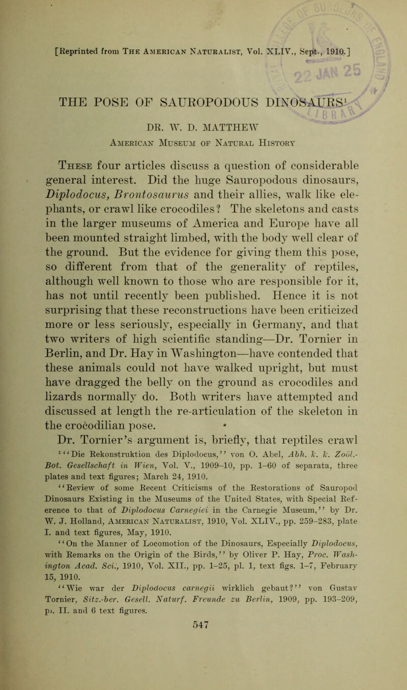 THE POSE OF SAUROPODOUS DINOSAURS1 / 8 R N w* DR. W. D. MATTHEW American Museum of Natural History These four articles discuss a question of considerable general interest. Did the huge Sauropodous dinosaurs, Diplodocus, Brontosaurus and their allies, walk like ele- phants, or crawl like crocodiles? The skeletons and casts in the larger museums of America and Europe have all been mounted straight limbed, with the body well clear of the ground. But the evidence for giving them this pose, so different from that of the generality of reptiles, although well known to those who are responsible for it, has not until recently been published. Hence it is not surprising that these reconstructions have been criticized more or less seriously, especially in Germany, and that two writers of high scientific standing—Dr. Tornier in Berlin, and Dr. Hay in Washington—have contended that these animals could not have walked upright, but must have dragged the belly on the ground as crocodiles and lizards normally do. Both writers have attempted and discussed at length the re-articulation of the skeleton in the crocodilian pose. Dr. Tornier’s argument is, briefly, that reptiles crawl 1“Die Rekonstruktion des Diplodocus,” von O. Abel, Abli. k. k. Zobl.- Bot. Gesellscliaft in Wien, Vol. V., 1909-10, pp. 1-60 of separata, three plates and text figures; March 24, 1910. “Review of some Recent Criticisms of the Restorations of Sauropod Dinosaurs Existing in the Museums of the United States, with Special Ref- erence to that of Diplodocus Carnegiei in the Carnegie Museum,” by Dr. W. J. Holland, American Naturalist, 1910, Vol. XLIV., pp. 259-283, plate I. and text figures, May, 1910. ‘ ‘ On the Manner of Locomotion of the Dinosaurs, Especially Diplodocus, with Remarks on the Origin of the Birds,” by Oliver P. Hay, Proc. Wash- ington Acad. Sci., 1910, Vol. XII., pp. 1-25, pi. 1, text figs. 1-7, February 15, 1910. “Wie war der Diplodocus carnegii wirklich gebaut?” von Gustav Tornier, Sits.-ber. Gesell. Naturf. Freunde zu Berlin, 1909, pp. 193-209, pi. II. and 6 text figures.