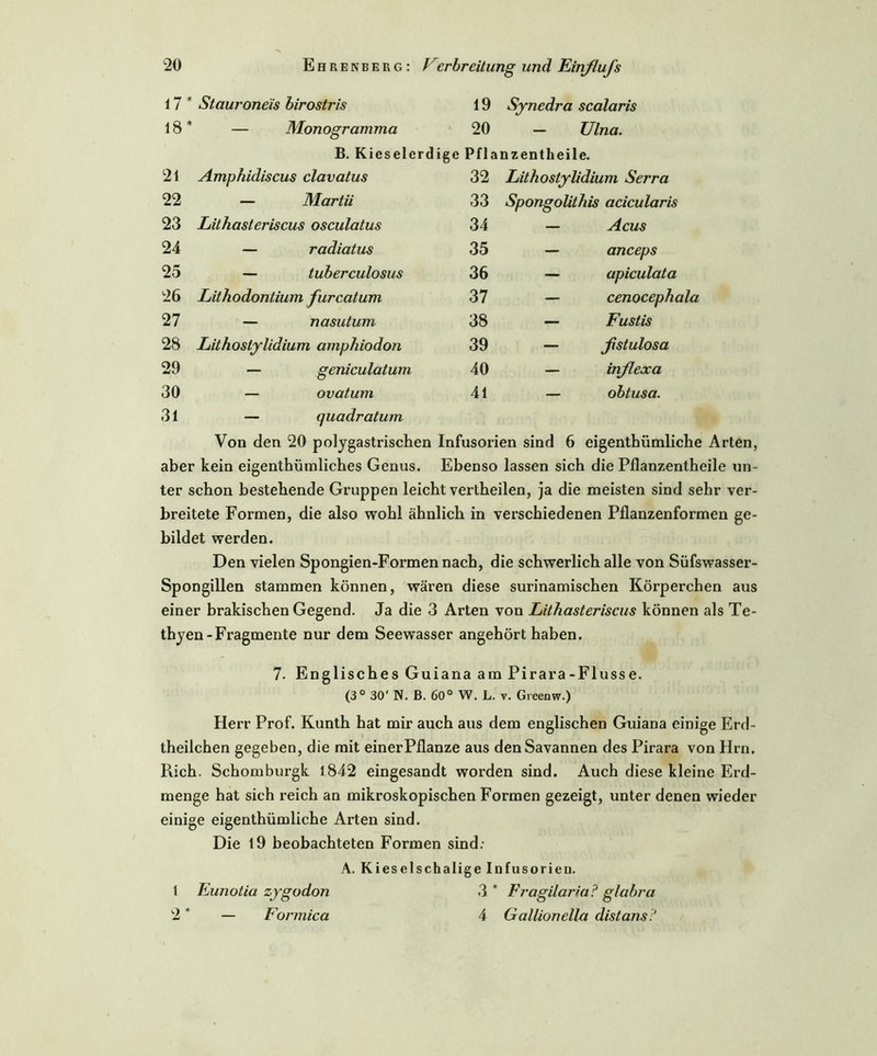 1 7 ' Stauroneis birostris 19 Syncdra scalaris 18* — Monogramma 20 — Ulna. B. Kieselerdige Pflanzentheile. 21 Amphidiscus clavatus 32 Lithostylidium Serra 22 — Martii 33 Spongolithis acicularis 23 Lithasteriscus osculatus 34 — Acus 24 — radiatus 35 — anceps 25 — tuberculosus 36 — apiculata 26 Lilhodontium furcatum 37 — cenocephala 27 — nasutum 38 — Fustis 28 Lithostylidium amphiodon 39 — ßstulosa 29 — geniculatum 40 — inflexa 30 — ovatum 41 — obtusa. 31 — quadratum Von den 20 polygastrischen Infusorien sind 6 eigenthümliche Arten aber kein eigenthümliches Genus. Ebenso lassen sich die Pflanzentheile un ter schon bestehende Gruppen leicht vertheilen, ja die meisten sind sehr ver- breitete Formen, die also wohl ähnlich in verschiedenen Pflanzenformen ge- bildet werden. Den vielen Spongien-Formen nach, die schwerlich alle von Süfswasser- Spongillen stammen können, wären diese surinamischen Körperchen aus einer brakischen Gegend. Ja die 3 Arten von Lithasteriscus können als Te- tbyen-Fragmente nur dem Seewasser angehört haben. 7. Englisches Guiana am Pirara-Flusse. (3° 30‘ N. B. 60° W. L. v. Greenw.) Herr Prof. Kunth hat mir auch aus dem englischen Guiana einige Erd- theilchen gegeben, die mit einerPflanze aus den Savannen des Pirara von Hrn. Rieh. Schomburgk 1842 eingesandt worden sind. Auch diese kleine Erd- menge hat sich reich an mikroskopischen Formen gezeigt, unter denen wieder einige eigenthümliche Arten sind. Die 19 beobachteten Formen sind: A. Kieselschalige Infusorien. 3 * Fragilaria? glabra 4 Gallionella distans.' 1 Eunotia zygodon 2 * — Formica