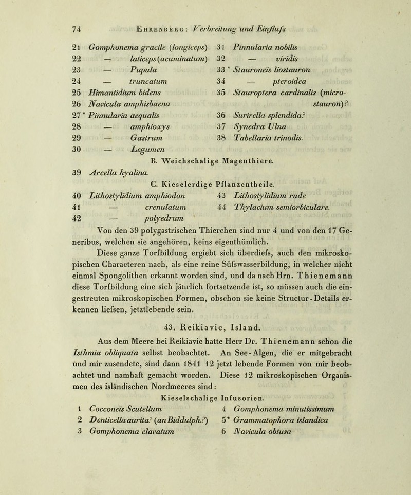 2i Gomphonema gracile (longiccps) 31 Pinnularia nobilis 22 — laticeps(acuminatum) 32 — viridis 23 — Pupula 33 * Stauroneis liostauron 24 — truncatum 34 — pteroidea 25 Himantidium bidens 35 Stauroptera cardinalis (micro 26 Navicula amphisbaena stauron) 27 * Pinnularia aequalis 36 Surirella splendida? 28 — amphioxys 37 Synedra Ulna 29 — Gastrum 38 Tabellaria trinodis. 30 — Legumen B. Weichschalig e Magenthiere. 39 Arcella hyaliner C. Kieselerdige Pflanzenth eile. 40 Lithostylidium amphiodon 43 Lithostylidium rüde 41 — crenulatum 44 Thylacium semiorbiculare. 42 — polyedvum Von den 39 polygastrischen Thierchen sind nur 4 und von den 17 Ge- neribus, welchen sie angehören, keins eigenthümlich. Diese ganze Torfbildung ergiebt sich überdiefs, auch den mikrosko- pischen Characteren nach, als eine reine Siifswasserbildung, in welcher nicht einmal Spongolithen erkannt worden sind, und da nachHrn. Thienemann diese Torfbildung eine sich jährlich fortsetzende ist, so müssen auch die ein- gestreuten mikroskopischen Formen, obschon sie keine Structur-Details er- kennen liefsen, jetztlebende sein. 43. Reikiavic, Island. Aus dem Meere bei Reikiavic hatte Herr Dr. Thienemann schon die Isthmia obliquata selbst beobachtet. An See-Algen, die er mitgebracht und mir zusendete, sind dann 1841 12 jetzt lebende Formen von mir beob- achtet und namhaft gemacht worden. Diese 12 mikroskopischen Organis- men des isländischen Nordmeeres sind : Kieselschalige Infusorien. 1 Cocconeis Scutellum 4 Gomphonema minutissimum 2 Denticella aurita? (anBiddulph.?) 5* Grammatophora islandica 3 Gomphonema clavatum 6 Navicula obtusa