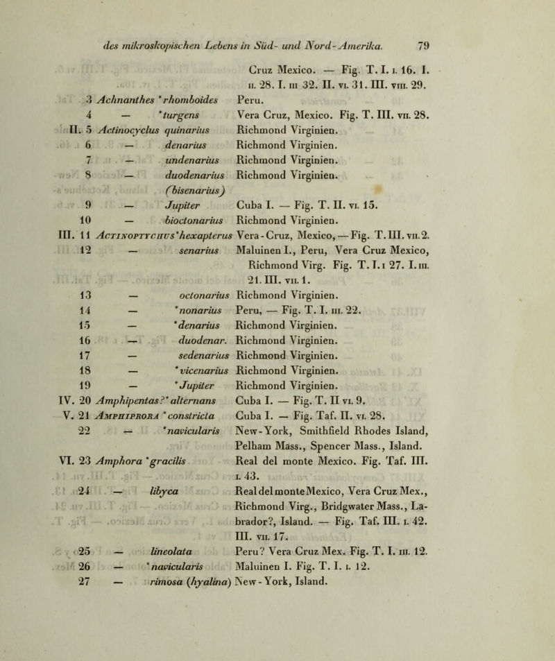 Cruz Mexico. — Fig. T. 1.1. 16. I. ii. 28.1. iii 32. II. vi. 31. III. viii. 29. 3 Achnanthes * rhomboides Peru. 4 — *turgens Vera Cruz, Mexico. Fig. T. III. vn. 28. II. 5 Actinocyclus quinarius Richmond Virginien. 6 — denarius Richmond Virginien. 7 — undenarius Richmond Virginien. 8 — duodenarius Richmond Virginien. Cbisenarius) 9 — Jupiter Cuba I. — Fig. T. II. vi. 15. 10 — bioctonarius Richmond Virginien. III. 11 AcTixoPTYcnus’hexapterus Vera-Cruz, Mexico, — Fig. T.III.vii.2. 12 — senarius Maluinenl., Peru, Vera Cruz Mexico, Richmond Virg. Fig. T. T. i 27. I. in. 21. III. vn. 1. 13 — octonarius Richmond Virginien. 14 — *nonarius Peru, — Fig. T. I. in. 22. 15 — * denarius Richmond Virginien. 16 — duodenar. Richmond Virginien. 17 — sedenarius Richmond Virginien. 18 — * vicenarius Richmond Virginien. 19 — * Jupiter Richmond Virginien. IV. 20 Amphipentas ?* alternans Cuba I. — Fig. T. II vi. 9. V. 21 Amphiprora * constricta Cuba I. — Fig. Taf. II. vi. 28. 22 — * navicularis New-York, Smithfield Rhodes Island, Pelham Mass., Spencer Mass., Island. VI. 23 Amphora *gracilis Real del monte Mexico. Fig. Taf. III. i. 43. 24 !■•£ .117 .1 — libyca Real del monte Mexico, Vera Cruz Mex., Richmond Virg., Bridgwater Mass., La- I 1 - — .O'ü/.üJfi x.'J-Ji. rj . *,■..! brador?, Island. — Fig. Taf. III. i. 42. III. vii. 17. 25 — lineolata Peru? Vera Cruz Mex. Fig. T. I. iii. 12. 26 — * navicularis Maluinen I. Fig. T. I. i. 12. 27 — rimosa (hyalina) New-York, Island.