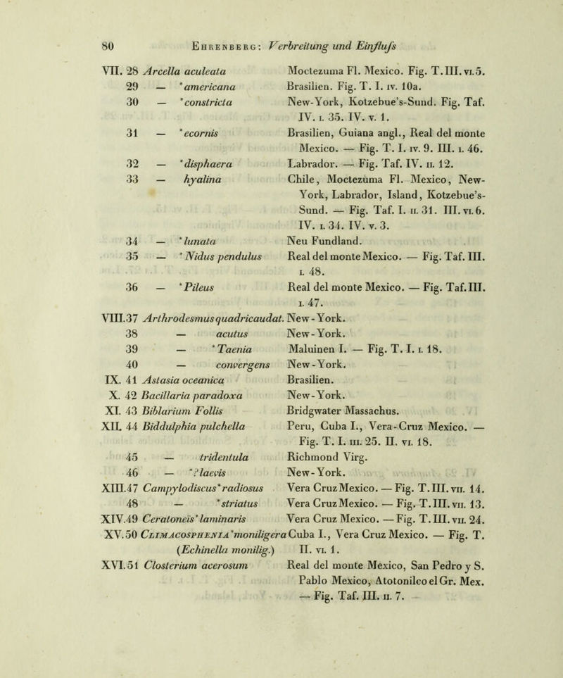 VII. 28 Arcella aculeata 29 — * americanu 30 — * constricta 31 — * ecornis 32 — * disphaeva 33 — hyalina 34 — * lunata 35 — * Nidus pendulus 36 — * Pileus VIII.37 Arthrodesmusquadricaudat. 38 — acutus 39 — * Taenia 40 — convergens IX. 41 Astasia oceanica X. 42 Bacillaria paradoxa XI. 43 Biblarium Follis XIL 44 Biddulphia pulchella 45 — tridentula 46 — * Aaevis XIII. 4 7 Campylodiscus * radiosus 48 — *striatus XIV. 49 Ceratoneis*laminaris XV. 50 Climacosphenia *moniliger< (Echinella monilig.) XVI. 51 Closterium acerosum Moctezuma Fl. Mexico. Fig. T.III.vi.5. Brasilien. Fig. T. I. iv. 10a. New-York, Kotzebue’s-Sund. Fig. Taf. IV. i. 35. IV. v. 1. Brasilien, Guiana angl., Real del monte Mexico. — Fig. T. I. iv. 9. III. i. 46. Labrador. — Fig. Taf. IV. n. 12. Chile, Moctezuma Fl. Mexico, New- York, Labrador, Island, Kotzebue’s- Sund. — Fig. Taf. I. ii.31. III. vi. 6. IV. i. 34. IV. v. 3. Neu Fundland. Real del monte Mexico. — F ig. Taf. III. i. 48. Real del monte Mexico. — Fig. Taf.III. i. 47. New-York. New-York. Maluinen I. — Fig. T. 1.1. 18. New-York. Brasilien. New-York. Bridgwater Massachus. Peru, Cuba I., Vera-Cruz Mexico. — Fig. T. I. in. 25. II. vi. 18. Richmond Virg. New-York. Vera Cruz Mexico. — Fig. T.III .vii. 14. Vera CruzMexico. — Fig. T.III.vn. 13. Vera Cruz Mexico. —Fig. T.III.vn. 24. :Cuba I., Vera CruzMexico. — Fig. T. II. vi. 1. Real del monte Mexico, San Pedro y S. Pablo Mexico, AtotonilcoelGr. Mex. — Fig. Taf. III. ii. 7.