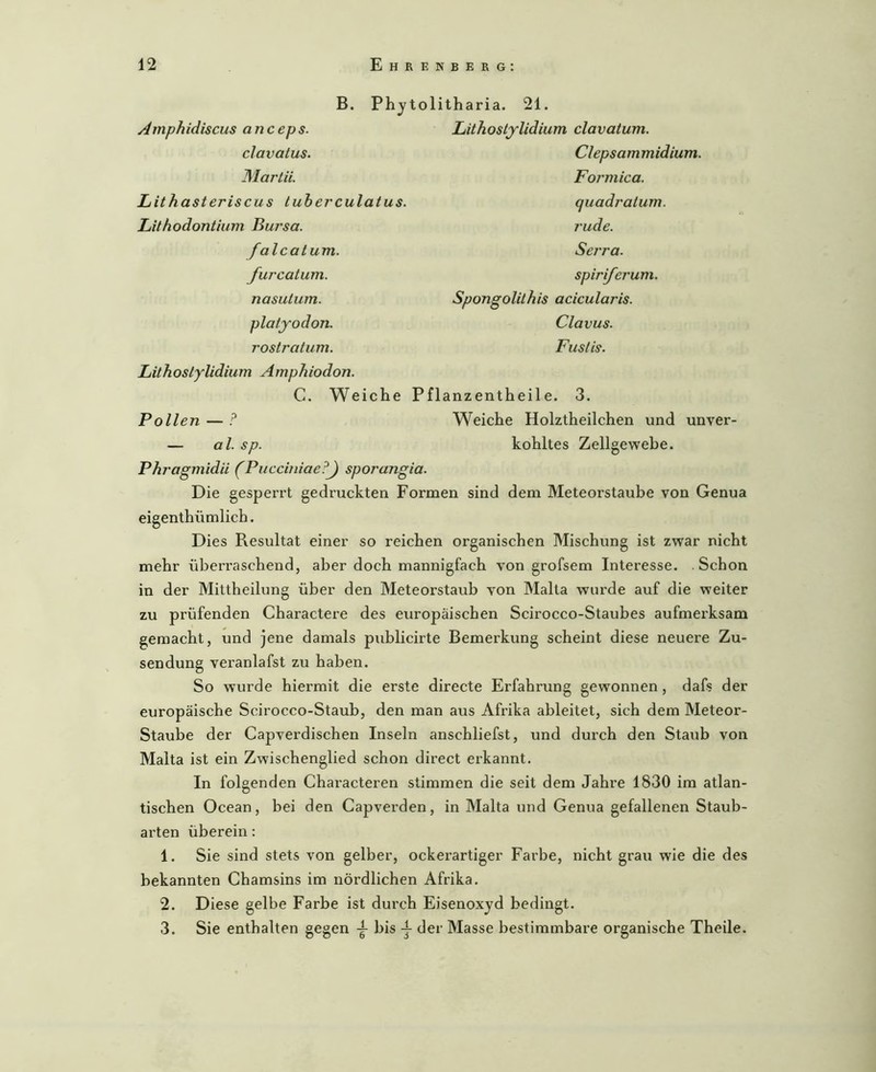 B. Phjtolitharia. 21. Amphidiscus anceps. Lithosljlidium clavatum. clavatus. Clepsammidium. Martii. Formica. Lithasteriscus tuherculatus. quadratum. Lithodontium Bursa. rüde. falcalum. Serra. furcatum. spiriferum. nasutum. SpongoUthis acicularis. platjodon. Clavus. rostratum. Fuslis. Lithoslylidium Amphiodon. C. Weiche Pflanzentheile. 3. Pollen — ? Weiche Holztheilchen und unver- — al. sp. kohltes Zellgewebe. Phragmidii (Pucciniae?J sporangia. Die gesperrt gedruckten Formen sind dem Meteorstaube von Genua eigenthümlich. Dies Resultat einer so reichen organischen Mischung ist zwar nicht mehr überraschend, aber doch mannigfach von grofsem Interesse. Schon in der Mittheilung über den Meteorstaub von Malta wurde auf die weiter zu prüfenden Charactere des europäischen Scirocco-Staubes aufmerksam gemacht, und jene damals publicirte Bemerkung scheint diese neuere Zu- sendung veranlafst zu haben. So wurde hiermit die erste directe Erfahrung gewonnen, dafs der europäische Scirocco-Staub, den man aus Afrika ableitet, sich dem Meteor- Staube der Capverdischen Inseln anschliefst, und durch den Staub von Malta ist ein Zwischenglied schon direct erkannt. In folgenden Characteren stimmen die seit dem Jahre 1830 im atlan- tischen Ocean, bei den Capverden, in Malta und Genua gefallenen Staub- arten überein: 1. Sie sind stets von gelber, ockerartiger Farbe, nicht grau wie die des bekannten Chamsins im nördlichen Afrika. 2. Diese gelbe Farbe ist durch Eisenoxyd bedingt. 3. Sie enthalten gegen bis j der Masse bestimmbare organische Theile.