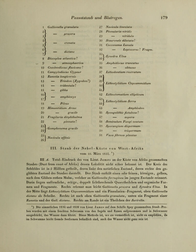 1 Gallionella granulata ■27 21 1 28 3j r — procera 29 41 r — crenata 30 5J 1 31 6l r — distans 32 7J \ 33 8 Discoplea atlantica ? 34 9 — atmosphaerica 35 10 Coscinodiscus flavicans ? 36 11 Campylodiscus Clypeus 37 12 Eunotia longicornis 38 13 — Triodon {ZygodonV) 39 i4 — tridentula ? 4o 15 — gibba 4i Ibl 1 42 kJ r — amphioxys 43 18 — Pileus 44 19 Himantidium Arcus 45 20 — gracile 46 21 Fragilaria diophthalma 47 22 — pinnata ? 4 s 23I |- Gomphonema gracile 4.0 24J 50 251 51 1 26 J i- Navicula affinis Navicula lineolata Pinnularia viridis — viridula Slauronei's dilatata ? Cocconema Lurtula — Leptoceros ? Fragrn. ^ Synedra Ulna Amphidiscus truncatus — obtusus Lithodontium rostratum ’ Lithostylidium Clepsammidium Lithostomatium ellipticum Lithostylidium Serra — Amphiodon SpongoUthis fistulosa ? — aspera Seminulum Fungi ovatuin Sporangium dispermum — trispermum F'xsa fibrosa plantae III. Staub der Nebel-Küste von West-Afrika vom 10. März 1834. ') III A. Total-Eindruck des von Lieut. James an der Küste von Afrika gesammelten Staubes (Dust from coast of Afrika) dessen Lokalität nicht näher bekannt ist. Der Kreis des Sehfeldes ist ln 2 Hälften getheilt, deren linke den natürlichen Zustand, deren rechte den ge- glühten Zustand des Staubes darstellt. Der Staub enthält einen sehr feinen, körnigen, gelben, nach dem Glühen rothen Mulm, welcher an Gallionellaferruginea im jungen Zustande erinnert. Darin liegen unförmliche, eckige, doppelt lichtbrechende Quarztheilchen und organische For- men und Fragmente. Rechts erkennt man leicht Gallionella procera und Synedra Ulna. In der Mitte Hegt Lithos tylidium Clepsammidium und ein PInnularlen-Fragment, oben Gallionella distans als Scheibe. Rechts ist nach oben Gallionella granulata^ unten ein Fragment einer Eunotia und der Gail, distans. Rechts am Rande Ist ein Thellchen der Surirella. *) Die sämmtlichen 1834 und 1838 von Lieut. James auf dem Schiffe Spey gesammelten Staub-Pro- ben wurden mit einem feuchten Schwamm von den Segeln und Raaen aufgenommen und in Süfswasser ausgedrückt, das Wasser dann filtrirt. Diese Methode ist, wo sie vermeidlich ist, nicht zu empfehlen, da im Schwamme leicht fremde Seeformen befindlich sind, auch das Wasser nicht ganz rein ist.