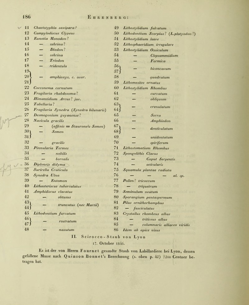 11 Chaetotyphla saxipara? 49 Lithosfylidium fulcatum 12 Campylodiscus Clypeus 50 Lithodontium Scorpius? (JL.platyodnn 13 Eunotia Monodon ? 51 Lithoslylidium laeve 14 — zebrina? 52 Lithosphaeridium irreguläre 15 — Diodon ? 53 Lithostylidium Ossiculum 16 — zebrina 54 — Clepsammidium 17 — Triodon 55 — Formica 18 — fridentula 56-k l — biconcavum 19. 57/ 20 [ . — amphioxys, c, ovar. 58 — quadratum 21J 59 Lithomesites ornatus 22 Cocconema cornutum 60 Lithostylidium Rhombus 23 Fragilaria rhabdosoma ? 61 — curvatum 24 Himanlidium Arcus ? juv. 62 — obliquum 25 Tabellaria ? 63. ., l — crenulatum 26 Fragilaria Synedra (Synedra bilunaris) 64/ 27 Desmogoniurn guyanense^ 65 — Serra 28 Navicula gracilis 66 — Amphiodon 29 — (affinis = Slaurone'is Semeri) 67. — denticulatum 301 — Semen 68/ 31J 69 — unidentatum 32 — gracilis 70 — spiriferum 33 Pinnularia Termes 71 Lithoslomatium Rhombus 34 — nobilis 72 Spongolithis Clavus 35 — borealis 73 — Caput Serpentis 36 Diplnne’is didyma 74 — acicularis 37 Surirella Cralicula 75 Squamula plantae radiata 38 Synedra Ulna 76 — — — al. sp. 39 — Entomon 77 Pollen ? tricoccum 40 Lithasleriscus tuberculatus 78 — triquetrum 41 Amphidiscus clavatus 79 Seminulum ooatum 42 — obtusus 80 Sporangium pentaspermum 431 — truncatus (yiec Marlii) 81 Pilus ornilhorhamphus 44 J 82 — fasciculatus 45 Lithodontium furcatum 83 Crystallus rhombeus albus 46l — rostrctttiTfi, 84 — triliceus albus 47 J 85 — columnaris alliaceo viridis 48 — nasutum 86 Idem ab apice visus II. Scirocco-St a u b von Lyon 17. October 1846. Es ist der von Herrn Fournet gesandte Staub von Labillardlere bei Lyon, dessen gefallene Masse nach Quinson Bonnet’s Berechnung (s. oben p. 42) 7200 Centner be- tragen bat.