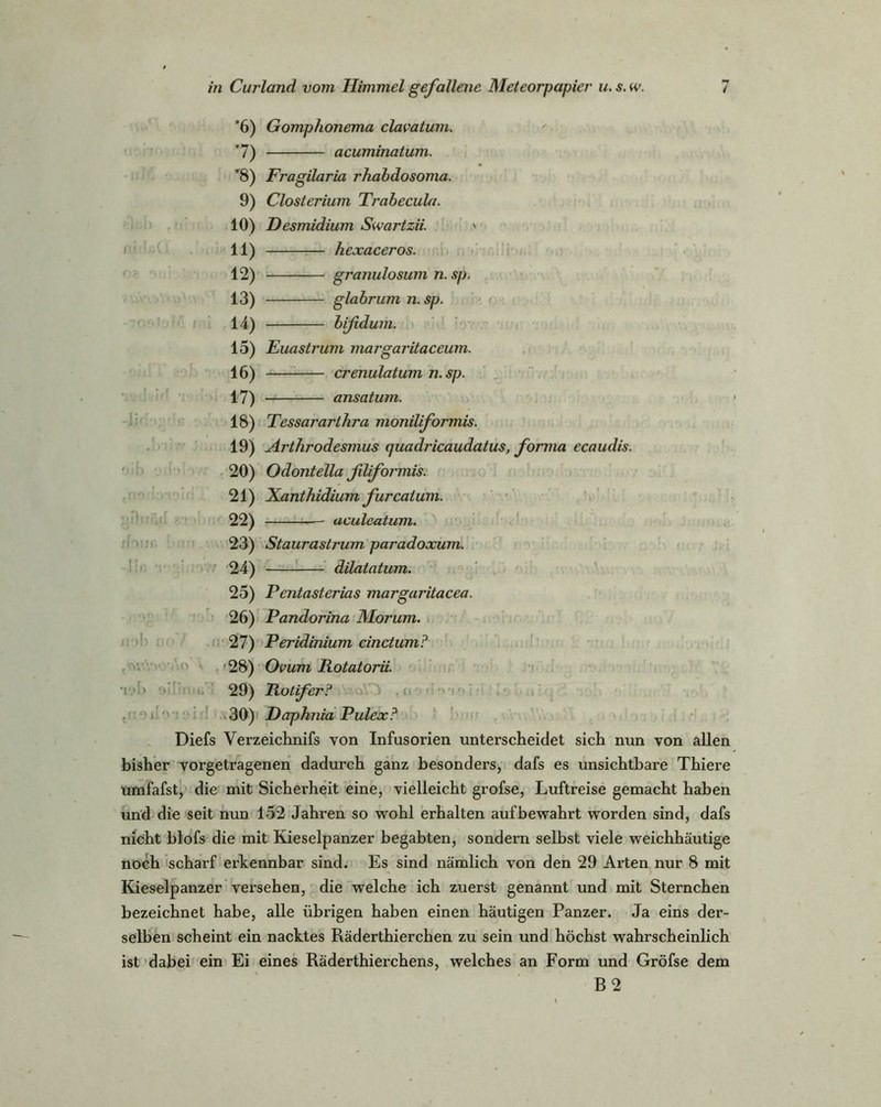 *6) Gomphonema clavatum. *7) acuminatum. *8) Fragilaria rhabdosoma. 9) Closterium Trabecula. 10) Desmidium Swartzii. * 11) hexaceros. 12) granulosum n.sp. 13) glabrum n. sp. 14) bifidum. 15) Euasti'um margaritaceum. 16) — crenulatum n. sp. 17) — ansatum. 18) Tessararlhra moniliformis. 19) Artlirodesmus quadricaudatus, forma ecaudis. 20) Odontella filiformis. 21) Xanthidium furcatum. 22) —- aculeatum. 23) Staurastrum paradoxum. 24) dilatatum. 25) Pentasterias margaritacea. 26) Pandorina Morum. 27) Peridinium cinctum? 28) Ovum Rotatorii. 29) Rotifer? 30) Daphnia Pulex? Diefs Verzeichnis von Infusorien unterscheidet sich nun von allen bisher vorgetragenen dadurch ganz besonders, dafs es unsichtbare Thiere umfafst, die mit Sicherheit eine, vielleicht grofse, Luftreise gemacht haben und die seit nun 152 Jahren so wohl erhalten auf bewahrt worden sind, dafs nicht blofs die mit Kieselpanzer begabten, sondern selbst viele weichhäutige noch scharf erkennbar sind. Es sind nämlich von den 29 Arten nur 8 mit Kieselpanzer versehen, die welche ich zuerst genannt und mit Sternchen bezeichnet habe, alle übrigen haben einen häutigen Panzer. Ja eins der- selben scheint ein nacktes Räderthierchen zu sein und höchst wahrscheinlich ist dabei ein Ei eines Räderthierchens, welches an Form und Gröfse dem 'i'.'