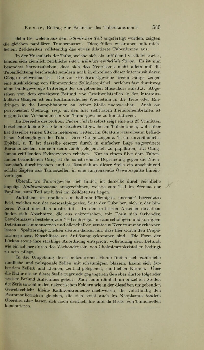 Schnitte, welche aus dem isthmischen Teil angefertigt wurden, zeigten <lie gleichen papillären Tumorinassen. Diese füllen zusammen mit reich- lichem Zelldetritus vollständig das etwas dilatierte Tubenlumen aus. In der Muscularis der Tube, welche sich als auffallend verdickt erwie.s, fanden sich ziemlich reichliche interrmiskuläre epitheliale Gänge. Es ist nun besonders hervorzuheben, dass sich das Neoplasma nicht allein auf die Tubenlichtung beschränkt, sondern auch in einzelnen dieser intermuskulären Gänge nachweisbar ist. Die von Geschwulstgewebe freien Gänge zeigen eine Auskleidung von flimmerndem Zylinderepithel, welches fast durchweg ohne bindegewebige Unterlage der umgebenden Muscularis aufsitzt. Abge- sehen von dem erwähnten Befund von Geschwulstzellen in den intermus- kulären Gängen ist ein kontinuierliches Wachstum in die Tiefe oder Ein- dringen in die Lymphbahnen an keiner Stelle nachweisbar. Auch am peritonealen Überzug, resp. an den hier sichtbaren Pseudomembranen ist nirgends das Vorhandensein von Tumorgewebe zu konstatieren. Im Bereiche des rechten Tubenwinkels selbst zeigt eine aus 25 Schnitten bestehende kleine Serie kein Geschwulstgewebe im Tubenlumen, wohl aber hat dasselbe seinen Sitz in mehreren weiten, im Stratum vasculosum befind- lichen Nebengängen der Tube. Diese Gänge zeigen z. T. ein unverändertes Epithel, z. T. ist dasselbe ersetzt durch in einfacher Lage angeordnete Karzinomzellen, die sich denn auch gelegentlich zu papillären, das Gang- lumen erfüllenden Exkreszenzen erheben. Nur in einem über dem Tuben- lumen befindlichen Gang ist die sonst scharfe Begrenzung gegen die Nach- barschaft durchbrochen, und es lässt sich an dieser Stelle ein anscheinend solider Zapfen aus Tumorzellen in eine angrenzende Gewebsspalte hinein- verfolgen. Überall, wo Trmiorgewebe sich findet, ist dasselbe durch reichliche kugelige Kalkkonkremente ausgezeichnet, welche zum Teil im Stroma der Papillen, zum Teil auch frei im Zelldetritus liegen. Auffallend ist endlich ein halbmondförmiges, unscharf begrenztes Feld, welches von der mesosalpingealen Seite der Tube her, sich in der hin- teren Wand derselben ausbreitet. In den mittleren Anteilen desselben finden sich Abschnitte, die aus nekrotischen, mit Eosin sich färbenden Gewebsmassen bestehen, zum Teil sich sogar nur aus scholligem und körnigem Detritus zusammensetzen und allenthalben zerstreut Kerntrümmer erkennen lassen. Spaltförmige Lücken deuten darauf hin, dass hier durch den Präpa- rationsprozess Einschlüsse zur Auflösung gekommen sind. Die Form der Lücken sowie ihre strahlige Anordnung entspricht vollständig dem Befund, wie ein solcher durch das Vorhandensein von Cholestearinkristallen bedingt zu sein pflegt. In der ümgebung dieser nekrotischen Herde finden sich zahlreiche rundliche und polygonale Zellen mit schaumigem blassen, kaum sich fär- bendem Zelleib und kleinen, zentral gelegenen, rundlichen Kernen. Über die Natur des an dieser Stelle zugrunde gegangenen Gewebes dürfte folgender weitere Befund Aufschluss geben: Man kann nämlich an einzelnen Stellen der Serie sowohl in den nekrotischen Feldern wie in der dieselben umgebenden Gewebsschicht kleine Kalkkonkremente nachweisen, die vollständig den Psammonkörnchen gleichen, die sich sonst auch im Neoplasma fanden. Überdies aber lassen sich noch deutlich hie und da Reste von Tumorzellen konstatieren.