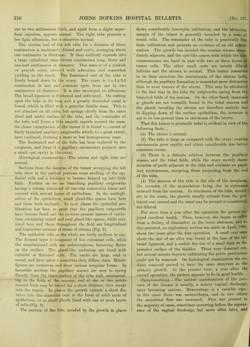 one to two millimetres thick, and apart from a slight super- ficial injection, appears normal. The right tube presents a few light adhesions, but is otherwise normal. The uterine end of the left tube for a distance of three centimetres is moderately dilated and cystic, averaging about one centimetre in thickness. It then suddenly expands into a large cylindrical mass eleven centimetres long, three and one-half centimetres in diameter. This mass is of a pinkish or grayish color, covered with adhesions and somewhat yielding to the touch. The fimbriated end of the tube is firmly bound down to the ovarjf. The ovary is 5 x 4 x 3.5 centimetres in size and contains cysts from one to two centimetres in diameter. It is also enveloped in adhesions. The broad ligament is thickened and infiltrated. On cutting open the tube in its long axis a greatly distended canal is found, which is filled with a granular friable mass. This is not attached on all sides, but springs chiefly from the outer third and under surface of the tube, and the remainder of the tube wall forms a thin smooth capsule around the mass. On closer examination of the tumor it is found to consist of finely branched papillary outgrowths which, to a great extent, have coalesced, forming a more or less homogeneous mass. The fimbriated end of the tube has been replaced by the neoplasm, and from it a papillary excrescence projects into a small cyst cavity in the ovary. Histological examination.—The uterus and right tube are normal. Sections from the margins of the tumor occupying the left tube show in the earliest portions some swelling of the epi- thelial cells and a tendency to become heaped up into little folds. Further on we see branching papillary outgrowths having a stroma composed of vascular connective tissue and covered with several layers of epithelium. In the multipli- cation of the epithelium, small gland-like spaces have here and there been enclosed. In most places the epithelial pro- liferation has been so great that the papillary outgrowths have become fused and the sections present masses of epithe- lium containing round and oval gland-like spaces, while scat- tered here and there throughout the field are longitudinal and transverse sections of stems of stroma (Fig. 2). The epithelial cells on the whole are fairly uniform in size. The deepest layer is composed of low columnar cells, while the superimposed cells are polymorphous, becoming flatter on the surface. The gland-like inclusions are lined with cuboidal or flattened cells. The nuclei are large, oval or round, and have taken a somewhat deep diffuse stain. Mitotic figures are numerous and show various irregular forms. In favorable sections the papillary masses are seen to spring directly from the inner surface of the tube wall, correspond- ing to the folds of the mucosa; and at one or two points normal folds may be traced for a short distance, then merge into the tumor. In places the growth extends a short dis- tance into the muscular coat in the form of solid nests of epithelium, or as small glands lined with one or more layers of cells (Fig. 3). The portion of the tube invaded by the growth in places shows considerable leucocytic infiltration, and the advancing margin of the tumor is generally bounded by a zone of round cells. The remainder of the tube is practically free from infiltration and presents no evidence of an old inflam- mation. The growth has invaded the ovarian stroma imme- ' diately adjacent, and the cyst-like spaces with which the tube communicates are lined in part with two or three layers of tumor cells. The other small cysts are merely dilated follicles and the stroma is normal. This tumor resembles in its finer structure the carcinomata of the uterine body, although its papillary formation is somewhat more distinctive than in most tumors of the uterus. This may be attributed to the fact that in the tube the outgrowths spring from the branched folds of the mucosa. On the other hand, inasmuch as glands are not normally found in the tubal mucosa and the glands invading the stroma are therefore entirely due to dipping down of the surface epithelium, the invasion is apt to be less general than in carcinoma of the uterus. That this tumor is primarily tubal is evident in view of the following facts: , (1) The uterus is normal. (2) The tube is large as compared with the ovary: ovarian carcinomata grow rapidly and attain considerable size before extension occurs. (3) There is a definite relation between the papillary masses and the tubal folds, while the ovary merely shows invasion of parts adjacent to the tube and contains no papil- lary excrescences, excepting those projecting from the end of the tube. (4) The mucosa of the tube is the site of the neoplasm, the invasion of the musculature being due to extension outward from the mucosa. In carcinoma of the tube, second- ary to the ovary, the growth usually extends from the peri- toneal coat inward and the canal may be normal or constricted, not dilated. For more than a year after the operation the patient en- joyed excellent health. Then, however, she began to suffer from a feeling of discomfort in the lower abdomen, and as this persisted, an exploratory section was made in April, 1900, about two years after the first operation. A small oval mass about the size of an olive was found at the base of the left broad ligament, and a nodule the size of a small bean on the posterior surface of the bladder. These were dissected out, but several minute deposits infiltrating the pelvic peritoneum could not be removed. On histological examination the no- dules removed proved to have the same structure as the primary growth. At the present time, a year after the second operation, the patient appears to be in good health. Symptomatology.—The earliest manifestation of the pres- ence of the disease is usually, a watery vaginal discharge, later becoming sanious. Hemorrhage is a variable sign: in five cases there was metrorrhagia, and in two others the menstrual flow was increased. Pain was present in the majority of cases, sometimes occurring before the appear- ance of the vaginal discharge, but more often later, and