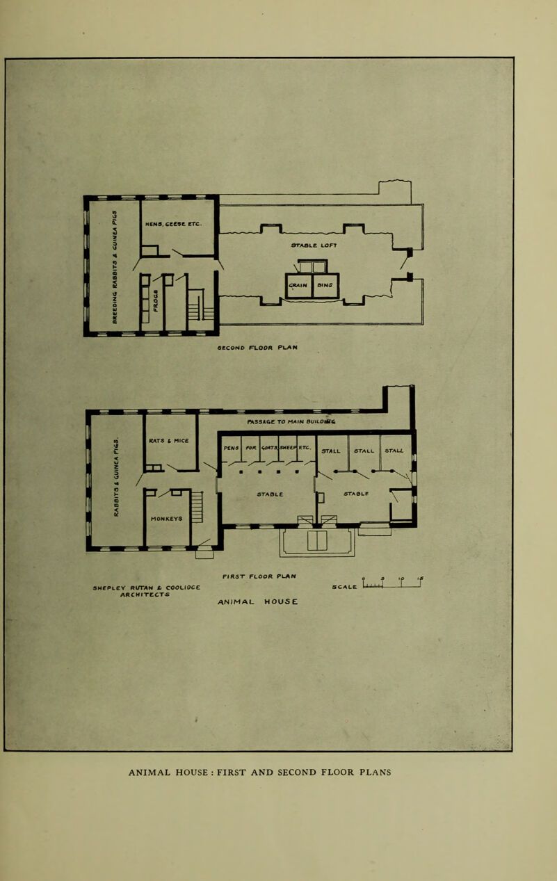 RA80IT3 t GU«N£A Pl6S. 9HCPL£y RiTTAH gf COOLIOC6 ARCHITECT'S FIRST FLOOR PLAN an/mal house: SCALE iiM,r T T ANIMAL HOUSE : FIRST AND SECOND FLOOR PLANS