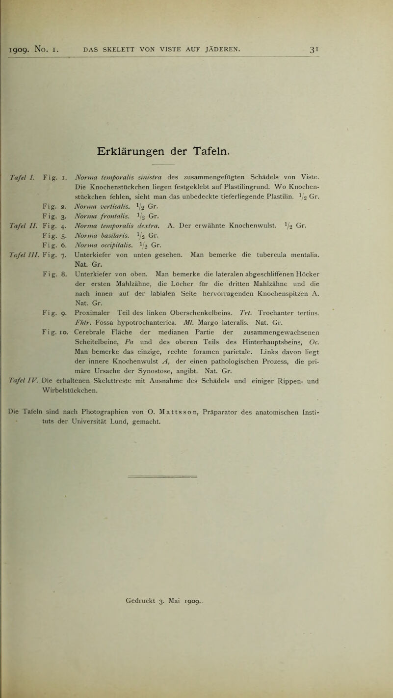 Erklärungen der Tafeln. Fig. 2. Fig. 3- Tafel II. Fig. 4. Fig. 5- Fig. 6. Tc.fel III. Fig. 7. Fig. 8. A. Der erwähnte Knochenwulst. 1/g Gr. Man bemerke die tubercula mentalia. Tafel I. Fig. 1. Norma temporalis sinistra des zusammengefügten Schädels von Viste. Die Knochenstückchen liegen festgeklebt auf Plastilingrund. Wo Knochen- stückchen fehlen, sieht man das unbedeckte tieferliegende Plastilin. Vq Gr. Norma verticalis. ll% Gr. Norma frontalis. Vo Gr. Norma temporalis dextra. Norma basilaris. V2 Gr. Norma occipitalis. V2 Gr. Unterkiefer von unten gesehen. Nat. Gr. Unterkiefer von oben. Man bemerke die lateralen abgeschliffenen Höcker der ersten Mahlzähne, die Löcher für die dritten Mahlzähne und die nach innen auf der labialen Seite hervorragenden Knochenspitzen A. Nat. Gr. Fig. 9. Proximaler Teil des linken Oberschenkelbeins. Trt. Trochanter tertius. Fhtr. Fossa hypotrochanterica. Ml. Margo lateralis. Nat. Gr. Fig. 10. Cerebrale Fläche der medianen Partie der zusammengewachsenen Scheitelbeine, Pa und des oberen Teils des Hinterhauptsbeins, Oc. Man bemerke das einzige, rechte foramen parietale. Links davon liegt der innere Knochenwulst A, der einen pathologischen Prozess, die pri- märe Ursache der Synostose, angibt. Nat. Gr. Tafel IV. Die erhaltenen Skelettreste mit Ausnahme des Schädels und einiger Rippen- und Wirbelstückchen. Die Tafeln sind nach Photographien von O. Mattsson, Präparator des anatomischen Insti- tuts der Universität Lund, gemacht. Gedruckt 3. Mai 1909..