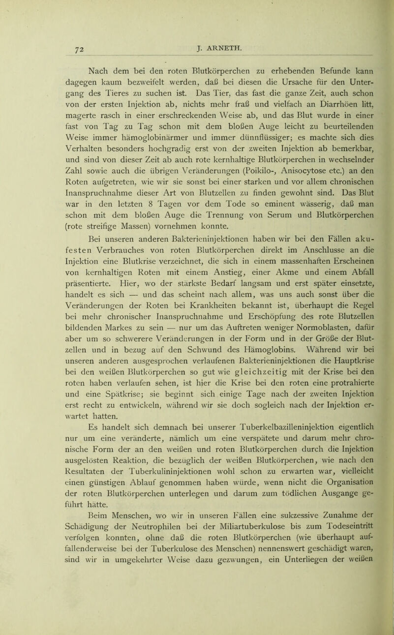 Nach dem bei den roten Blutkörperchen zu erhebenden Befunde kann dagegen kaum bezweifelt werden, daß bei diesen die Ursache für den Unter- gang des Tieres zu suchen ist. Das Tier, das fast die ganze Zeit, auch schon von der ersten Injektion ab, nichts mehr fraß und vielfach an Diarrhöen litt, magerte rasch in einer erschreckenden Weise ab, und das Blut wurde in einer fast von Tag zu Tag schon mit dem bloßen Auge leicht zu beurteilenden Weise immer hämoglobinärmer und immer dünnflüssiger; es machte sich dies Verhalten besonders hochgradig erst von der zweiten Injektion ab bemerkbar, und sind von dieser Zeit ab auch rote kernhaltige Blutkörperchen in wechselnder Zahl sowie auch die übrigen Veränderungen (Poikilo-, Anisocytose etc.) an den Roten aufgetreten, wie wir sie sonst bei einer starken und vor allem chronischen Inanspruchnahme dieser Art von Blutzellen zu finden gewohnt sind. Das Blut war in den letzten 8 Tagen vor dem Tode so eminent wässerig, daß man schon mit dem bloßen Auge die Trennung von Serum und Blutkörperchen (rote streifige Massen) vornehmen konnte. Bei unseren anderen Bakterieninjektionen haben wir bei den Fällen aku- festen Verbrauches von roten Blutkörperchen direkt im Anschlüsse an die Injektion eine Blutkrise verzeichnet, die sich in einem massenhaften Erscheinen von kernhaltigen Roten mit einem Anstieg, einer Akme und einem Abfall präsentierte. Hier, wo der stärkste Bedarf langsam und erst später einsetzte, handelt es sich — und das scheint nach allem, was uns auch sonst über die Veränderungen der Roten bei Krankheiten bekannt ist, überhaupt die Regel bei mehr chronischer Inanspruchnahme und Erschöpfung des rote Blutzellen bildenden Markes zu sein — nur um das Auftreten weniger Normoblasten, dafür aber um so schwerere Veränderungen in der Form und in der Größe der Blut- zellen und in bezug auf den Schwund des Hämoglobins. Während wir bei unseren anderen ausgesprochen verlaufenen Bakterieninjektionen die Hauptkrise bei den weißen Blutkörperchen so gut wie gleichzeitig mit der Krise bei den roten haben verlaufen sehen, ist hier die Krise bei den roten eine protrahierte und eine Spätkrise; sie beginnt sich einige Tage nach der zweiten Injektion erst recht zu entwickeln, während wir sie doch sogleich nach der Injektion er- wartet hatten. Es handelt sich demnach bei unserer Tuberkelbazilleninjektion eigentlich nur um eine veränderte, nämlich um eine verspätete und darum mehr chro- nische Form der an den weißen und roten Blutkörperchen durch die Injektion ausgelösten Reaktion, die bezüglich der weißen Blutkörperchen, wie nach den Resultaten der Tuberkulininjektionen wohl schon zu erwarten war, vielleicht einen günstigen Ablauf genommen haben würde, wenn nicht die Organisation der roten Blutkörperchen unterlegen und darum zum tödlichen Ausgange ge- führt hätte. Beim Menschen, wo wir in unseren Philen eine sukzessive Zunahme der Schädigung der Neutrophilen bei der Miliartuberkulose bis zum Todeseintritt verfolgen konnten, ohne daß die roten Blutkörperchen (wie überhaupt auf- fallenderweise bei der Tuberkulose des Menschen) nennenswert geschädigt waren, sind wir in umgekehrter Weise dazu gezwungen, ein Unterliegen der weißen
