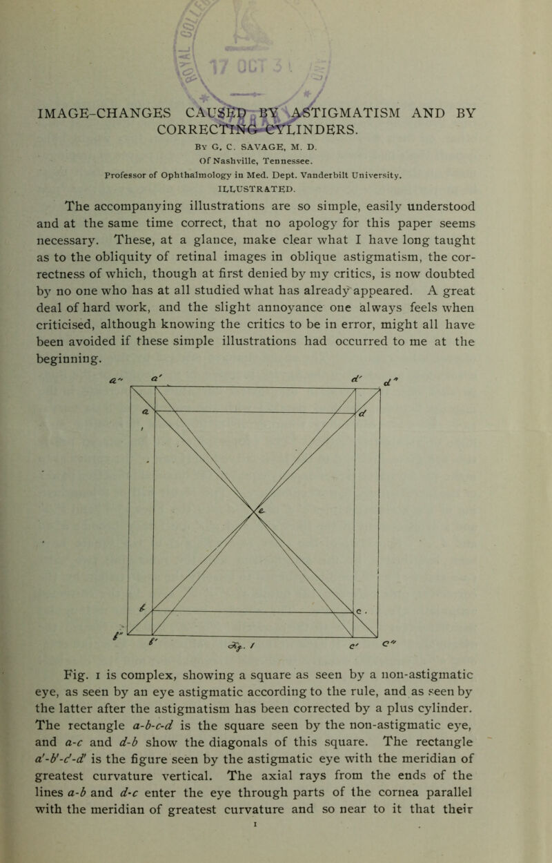 IMAGE-CHANGES CAUSED BY j^STIGMATISM AND BY CORRECTING CYLINDERS. By G. C. SAVAGE, M. D. Of Nashville, Tennessee. Professor of Ophthalmology in Med. Dept. Vanderbilt University. IUUUSTRA.TED. The accompanying illustrations are so simple, easily understood and at the same time correct, that no apology for this paper seems necessary. These, at a glance, make clear what I have long taught as to the obliquity of retinal images in oblique astigmatism, the cor- rectness of which, though at first denied by my critics, is now doubted by no one who has at all studied what has already appeared. A great deal of hard work, and the slight annoyance one alwaj^s feels when criticised, although knowing the critics to be in error, might all have been avoided if these simple illustrations had occurred to me at the beginning. Fig. i is complex, showing a square as seen by a lion-astigmatic eye, as seen by an eye astigmatic according to the rule, and as seen by the latter after the astigmatism has been corrected by a plus cylinder. The rectangle a-b-c-d is the square seen by the non-astigmatic eye, and a-c and d-b show the diagonals of this square. The rectangle a’-b'-d-d' is the figure seen by the astigmatic eye with the meridian of greatest curvature vertical. The axial rays from the ends of the lines a-b and d-c enter the eye through parts of the cornea parallel with the meridian of greatest curvature and so near to it that their