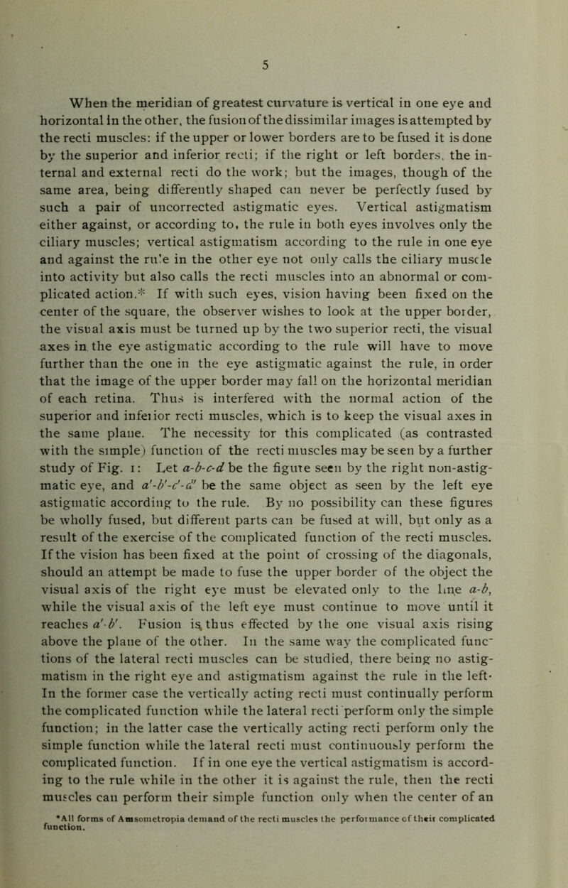 When the meridian of greatest curvature is vertical in one eye and horizontal in the other, the fusion of the dissimilar images is attempted by the recti muscles: if the upper or lower borders are to be fused it is done by the superior and inferior recti; if the right or left borders, the in- ternal and external recti do the work; but the images, though of the same area, being differently shaped can never be perfectly fused by such a pair of uncorrected astigmatic eyes. Vertical astigmatism either against, or according to, the rule in both eyes involves only the ciliary muscles; vertical astigmatism according to the rule in one eye and against the rule in the other eye not only calls the ciliary muscle into activity but also calls the recti muscles into an abnormal or com- plicated action.* If with such eyes, vision having been fixed on the center of the square, the observer wishes to look at the upper border, the visual axis must be turned up by the two superior recti, the visual axes in the eye astigmatic according to the rule will have to move further than the one in the eye astigmatic against the rule, in order that the image of the upper border may fall on the horizontal meridian of each retina. Thus is interfered with the normal action of the superior and inferior recti muscles, which is to keep the visual axes in the same plane. The necessity for this complicated (as contrasted with the srmple) function of the recti muscles may be seen by a further study of Fig. i: Let a-b-c-dbe the figure seen by the right non-astig- matic eye, and a'-b'-c'-d' be the same object as seen by the left eye astigmatic according to the rule. By no possibility can these figures be wholly fused, but different parts can be fused at will, but only as a result of the exercise of the complicated function of the recti muscles. If the vision has been fixed at the point of crossing of the diagonals, should an attempt be made to fuse the upper border of the object the visual axis of the right eye must be elevated only to the line a-b, while the visual axis of the left eye must continue to move until it reaches a' b'. Fusion i^thus effected by the one visual axis rising above the plane of the other. In the same way the complicated func tions of the lateral recti muscles can be studied, there being no astig- matism in the right eye and astigmatism against the rule in the left* In the former case the vertically acting recti must continually perform the complicated function while the lateral recti perform only the simple function; in the latter case the vertically acting recti perform only the simple function while the lateral recti must continuously perform the complicated function. If in one eye the vertical astigmatism is accord- ing to the rule while in the other it is against the rule, then the recti muscles can perform their simple function only when the center of an •All forms of Anisometropia demand of the recti muscles the performance of their complicated function.