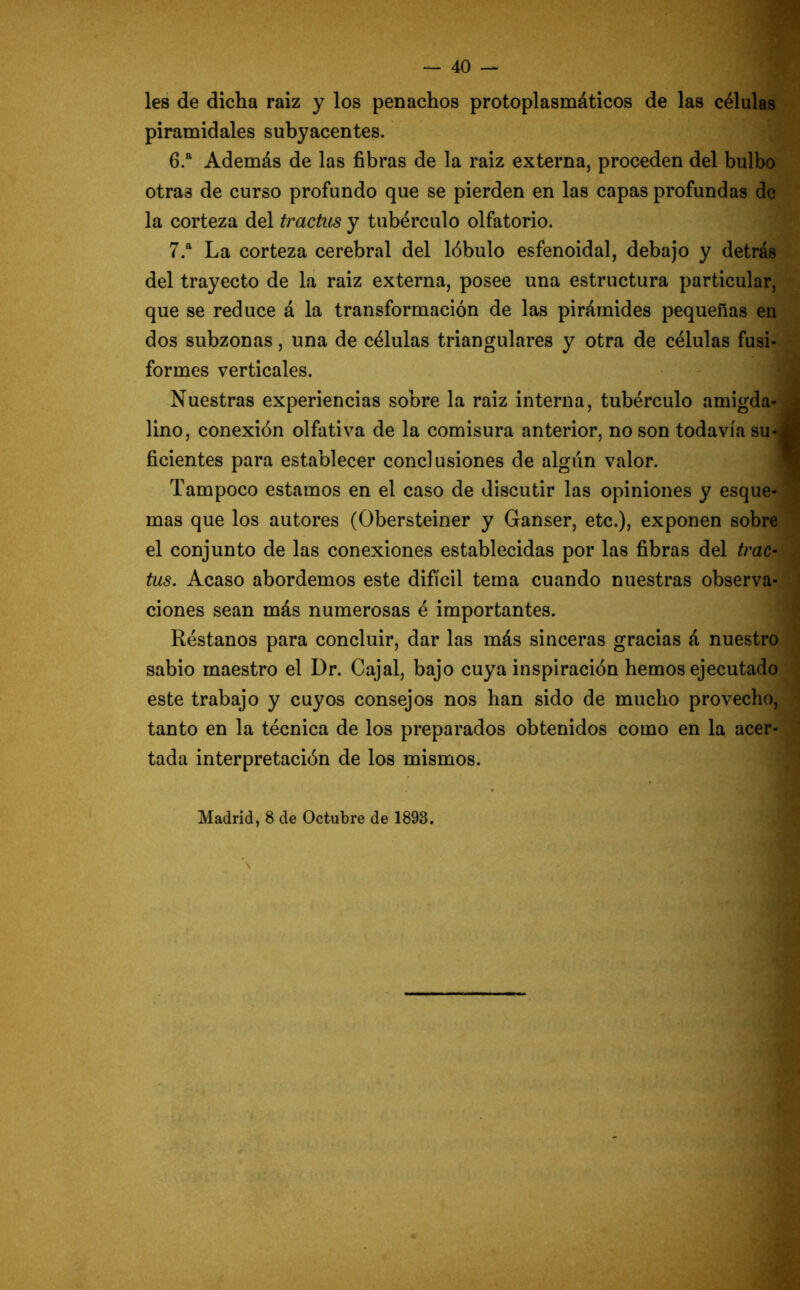 les de dicha raiz y los penachos protoplasmáticos de las células piramidales subyacentes. 6. a Además de las fibras de la raiz externa, proceden del bulbo otra3 de curso profundo que se pierden en las capas profundas de la corteza del tractos y tubérculo olfatorio. 7. a La corteza cerebral del lóbulo esfenoidal, debajo y detrás del trayecto de la raiz externa, posee una estructura particular, que se reduce á la transformación de las pirámides pequeñas en dos subzonas, una de células triangulares y otra de células fusi- formes verticales. Nuestras experiencias sobre la raiz interna, tubérculo amigda- lino, conexión olfativa de la comisura anterior, no son todavía su- ficientes para establecer conclusiones de algún valor. Tampoco estamos en el caso de discutir las opiniones y esque- mas que los autores (Obersteiner y Ganser, etc.), exponen sobre el conjunto de las conexiones establecidas por las fibras del trac- tus. Acaso abordemos este difícil tema cuando nuestras observa- ciones sean más numerosas é importantes. Réstanos para concluir, dar las más sinceras gracias á nuestro sabio maestro el Dr. Cajal, bajo cuya inspiración hemos ejecutado este trabajo y cuyos consejos nos han sido de mucho provecho, tanto en la técnica de los preparados obtenidos como en la acer- tada interpretación de los mismos. * *§ Madrid, 8 de Octubre de 1893.