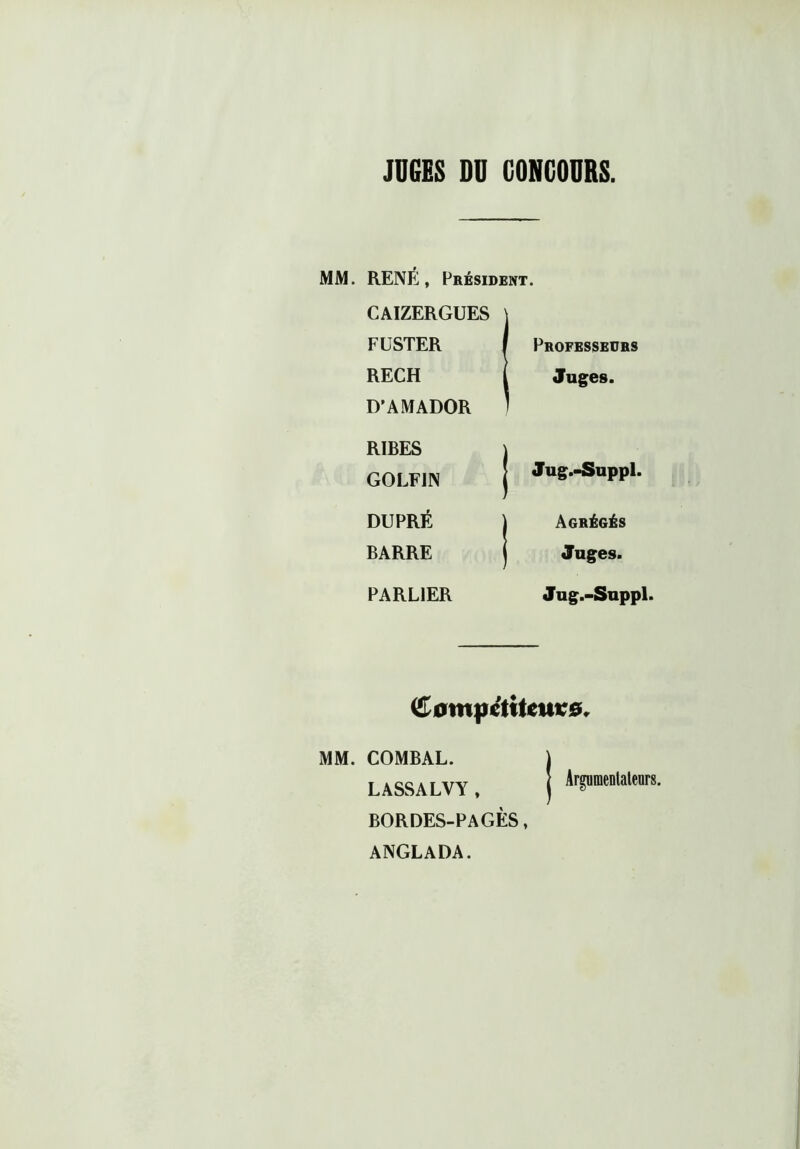 JUGES DU CONCOURS MM. RENÉ, Président. CAIZERGUES ' FESTER / Professeurs RECH 1 Juges. D’AMADOR J RIBES j GOLFIN Jug.-Suppl. DUPRÉ j Agrégés BARRE j Juges. PARL1ER Jug.-Suppl, <£ompctitcuv0, MM. COMBAL. ) LASSALVY, | Ar^mentalenrS- BORDES-PAGÈS, ANGLADA.