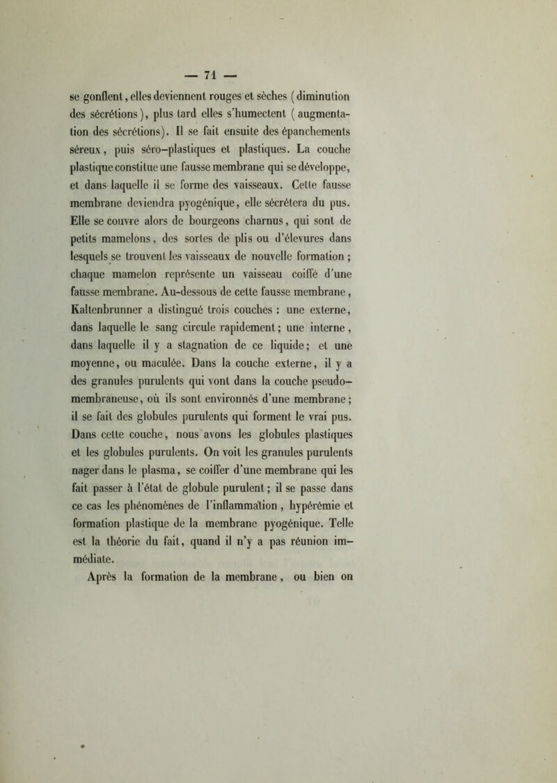 se gonflent, elles deviennent rouges et sèches (diminution des sécrétions ), plus tard elles s’humectent ( augmenta- tion des sécrétions). Il se fait ensuite des épanchements séreux, puis séro-plasliques et plastiques. La couche plastique constitue une fausse membrane qui se développe, et dans laquelle il se forme des vaisseaux. Cette fausse membrane deviendra pyogénique, elle sécrétera du pus. Elle se couvre alors de bourgeons charnus, qui sont de petits mamelons, des sortes de plis ou d’élevures dans lesquels se trouvent les vaisseaux de nouvelle formation ; chaque mamelon représente un vaisseau coiffé d’une fausse membrane. Au-dessous de cette fausse membrane, Kallenbrunner a distingué trois couches : une externe, dans laquelle le sang circule rapidement ; une interne, dans laquelle il y a stagnation de ce liquide; et une moyenne, ou maculée. Dans la couche externe, il y a des granules purulents qui vont dans la couche pseudo- membraneuse , où ils sont environnés d’une membrane ; il se fait des globules purulents qui forment le vrai pus. Dans cette couche, nous avons les globules plastiques et les globules purulents. On voit les granules purulents nager dans le plasma, se coiffer d’une membrane qui les fait passer à l’état de globule purulent ; il se passe dans ce cas les phénomènes de l’inflammation, hypérémie et formation plastique de la membrane pyogénique. Telle est la théorie du fait, quand il n’y a pas réunion im- médiate. Après la formation de la membrane, ou bien on