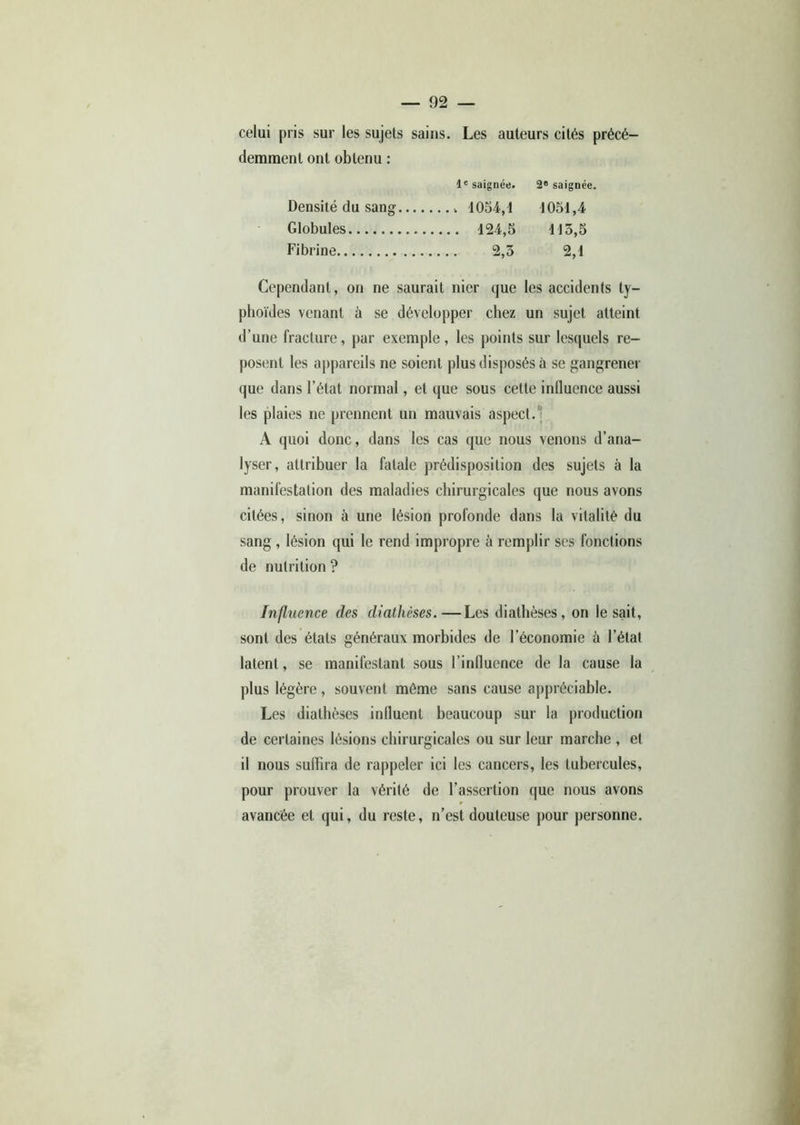 — 02 — celui pris sur les sujets sains. Les auteurs cités précé- demment ont obtenu : 1' saignée. 2e saignée. Densité du sang , 1054,1 1051,4 Globules 124,5 113,5 Fibrine 2,3 2,1 Cependant, on ne saurait nier que les accidents ty- phoïdes venant à se développer chez un sujet atteint d’une fracture, par exemple, les points sur lesquels re- posent les appareils ne soient plus disposés à se gangrener que dans l’état normal, et que sous cette inlluence aussi les plaies ne prennent un mauvais aspect. A quoi donc, dans les cas que nous venons d’ana- lyser, attribuer la fatale prédisposition des sujets à la manifestation des maladies chirurgicales que nous avons citées, sinon à une lésion profonde dans la vitalité du sang, lésion qui le rend impropre à remplir ses fonctions de nutrition ? Influence des diathèses.—Les diathèses, on lésait, sont des états généraux morbides de l’économie à l’état latent, se manifestant sous l’influence de la cause la plus légère, souvent même sans cause appréciable. Les diathèses inlluenl beaucoup sur la production de certaines lésions chirurgicales ou sur leur marche , et il nous suffira de rappeler ici les cancers, les tubercules, pour prouver la vérité de l’assertion que nous avons avancée et qui, du reste, n’est douteuse pour personne.