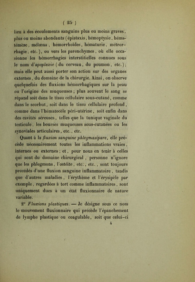 iieu à des écoulements sanguins plus ou moins graves, plus ou moins abondants (épistaxis, hémoptysie, héma- témèse, mélœna , hémorrhoïdes, hématurie, métror- rhagie, etc. ), ou vers les parenchymes , où elle occa- sionne les hémorrhagies interstitielles connues sous le nom à’apoplexie ( du cerveau, du poumon, etc.); mais elle peut aussi porter son action sur des organes externes, du domaine de la chirurgie. Ainsi, on observe quelquefois des fluxions hémorrhagiques sur la peau ou l’origine des muqueuses ; plus souvent le sang se répand soit dans le tissu cellulaire sous-cutané, comme dans le scorbut, soit dans le tissu cellulaire profond, comme dans l’hématocèle péri-utérine, soit enfin dans des cavités séreuses, telles que la tunique vaginale du testicule, les bourses muqueuses sous-cutanées ou les synoviales articulaires, etc., etc. Quant à la fluxion sanguine phlegmasipare, elle pré- cède nécessairement toutes les inflammations vraies, internes ou externes ; et, pour nous en tenir à celles qui sont du domaine chirurgical , personne n’ignore que les phlegmons, l’ostéite, etc., etc. , sont toujours précédés d’une fluxion sanguine inflammatoire , taudis que d’autres maladies , l’érythème et l’érysipèle par exemple, regardées à tort comme inflammatoires, sont uniquement dues à un état fluxionnaire de nature variable. 2° Fluxions plastiques. — Je désigne sous ce nom le mouvement fluxionnaire qui précède l’épanchement de lymphe plastique ou coagulable, soit que celui-ci 4