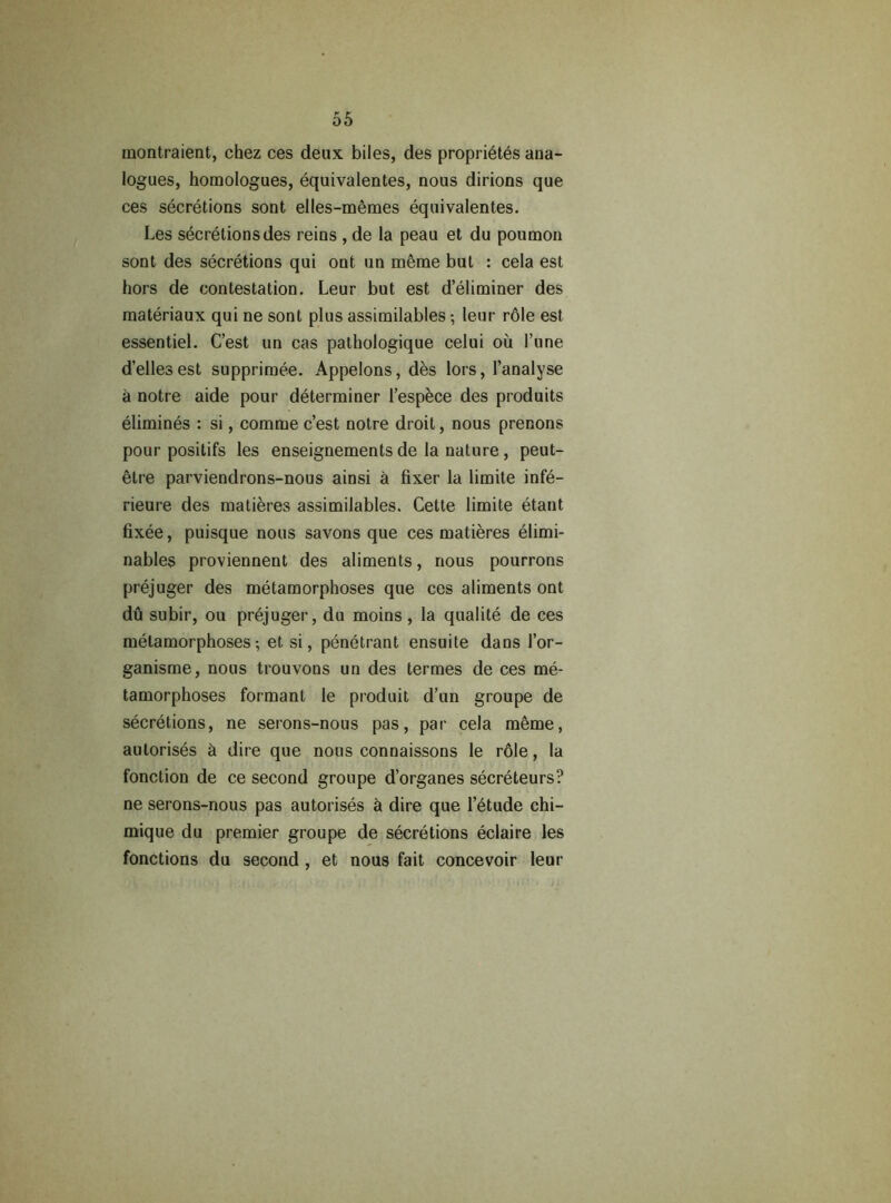 montraient, chez ces deux biles, des propriétés ana- logues, homologues, équivalentes, nous dirions que ces sécrétions sont elles-mêmes équivalentes. Les sécrétions des reins , de la peau et du poumon sont des sécrétions qui ont un même but : cela est hors de contestation. Leur but est d’éliminer des matériaux qui ne sont plus assimilables ; leur rôle est essentiel. C’est un cas pathologique celui où l’une d’elles est supprimée. Appelons, dès lors, l’analyse à notre aide pour déterminer l’espèce des produits éliminés : si, comme c’est notre droit, nous prenons pour positifs les enseignements de la nature, peut- être parviendrons-nous ainsi à fixer la limite infé- rieure des matières assimilables. Cette limite étant fixée, puisque nous savons que ces matières élimi- nables proviennent des aliments, nous pourrons préjuger des métamorphoses que ces aliments ont dû subir, ou préjuger, du moins, la qualité de ces métamorphoses; et si, pénétrant ensuite dans l’or- ganisme, nous trouvons un des termes de ces mé- tamorphoses formant le produit d’un groupe de sécrétions, ne serons-nous pas, par cela même, autorisés à dire que nous connaissons le rôle, la fonction de ce second groupe d’organes sécréteurs? ne serons-nous pas autorisés à dire que l’étude chi- mique du premier groupe de sécrétions éclaire les fonctions du second , et nous fait concevoir leur