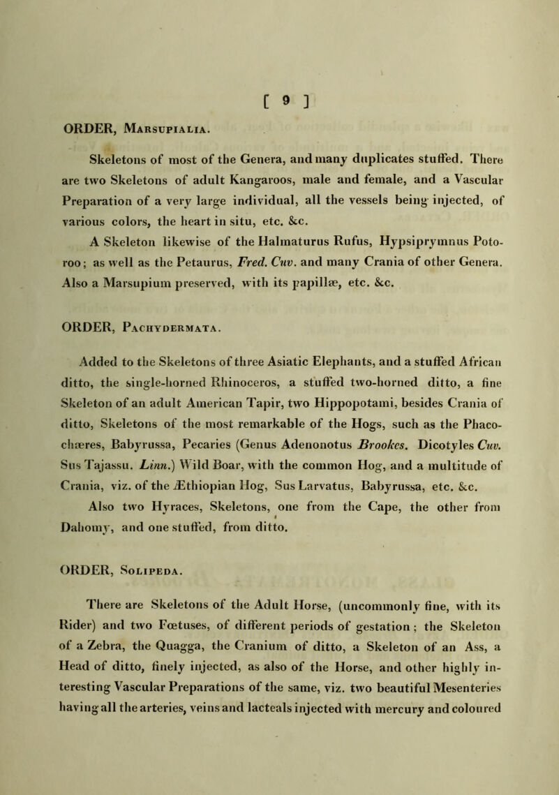 ORDER, Marsupialia. Skeletons of most of the Genera, and many duplicates stuffed. There are two Skeletons of adult Kangaroos, male and female, and a Vascular Preparation of a very large individual, all the vessels being injected, of various colors, the heart in situ, etc. &c. A Skeleton likewise of the Halmaturus Rufus, Hypsiprymnus Poto- roo; as well as the Petaurus, Fred. Cnv. and many Crania of other Genera. Also a Marsupium preserved, with its papillae, etc. &c. ORDER, Pachydermata. Added to the Skeletons of three Asiatic Elephants, and a stuffed African ditto, the single-horned Rhinoceros, a stuffed two-horned ditto, a fine Skeleton of an adult American Tapir, two Hippopotami, besides Crania of ditto, Skeletons of the most remarkable of the Hogs, such as the Phaco- cliaeres, Babyrussa, Pecaries (Genus Adenonotus Brookes. Dicotyles Cuv. Sus Tajassu. Linn.) Wild Boar, w ith the common Hog, and a multitude of Crania, viz. of the ^Ethiopian Hog, SusLarvatus, Babyrussa, etc. &c. Also two Hyraces, Skeletons, one from the Cape, the other from I Dahomy, and one stuffed, from ditto. ORDER, SoLiPEDA. There are Skeletons of the Adult Horse, (uncommonly fine, with its Rider) and two Foetuses, of different periods of gestation; the Skeleton of a Zebra, the Quagga, the Cranium of ditto, a Skeleton of an Ass, a Head of ditto, finely injected, as also of the Horse, and other highly in- teresting Vascular Preparations of the same, viz. two beautiful Mesenteries having all the arteries, veins and lacteals injected with mercury and coloured