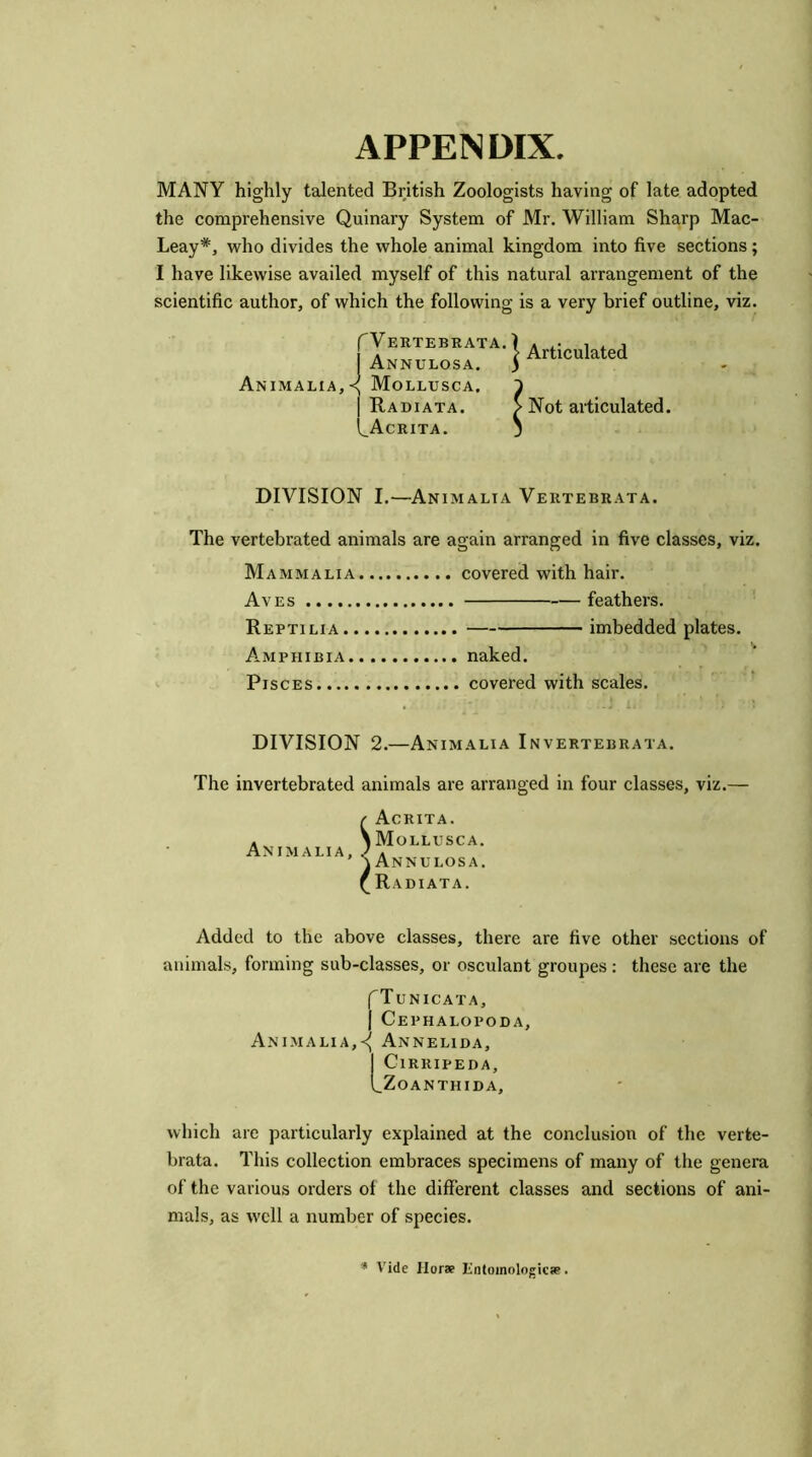 APPENDIX. MANY highly talented British Zoologists having of late adopted the comprehensive Quinary System of Mr. William Sharp Mac- Leay#, who divides the whole animal kingdom into five sections; I have likewise availed myself of this natural arrangement of the scientific author, of which the following is a very brief outline, viz. TVertebrata. ) ... , , , . i Articulated Annulosa. ) Animalia, Mollusca. 1 | Radiata. > Not articulated. LAcrita. j DIVISION I.—Animalta Vertebrata. The vertebrated animals are again arranged in five classes, viz. Mammalia covered with hair. Aves feathers. Reptilia imbedded plates. A.mphibia naked. Pisces covered with scales. DIVISION 2.—Animalia Invertebrata. The invertebrated animals are arranged in four classes, viz.— Animalia, Acrita. Mollusca. Annulosa. Radiata. Added to the above classes, there are five other sections of animals, forming sub-classes, or osculant groupes: these are the f Tunicata, | Cephalopoda, Animalia,<( Annelida, I ClRRIPEDA, LZoanthida, which are particularly explained at the conclusion of the verte- brata. This collection embraces specimens of many of the genera of the various orders of the different classes and sections of ani- mals, as well a number of species. * Vide Horse lintomologicse.